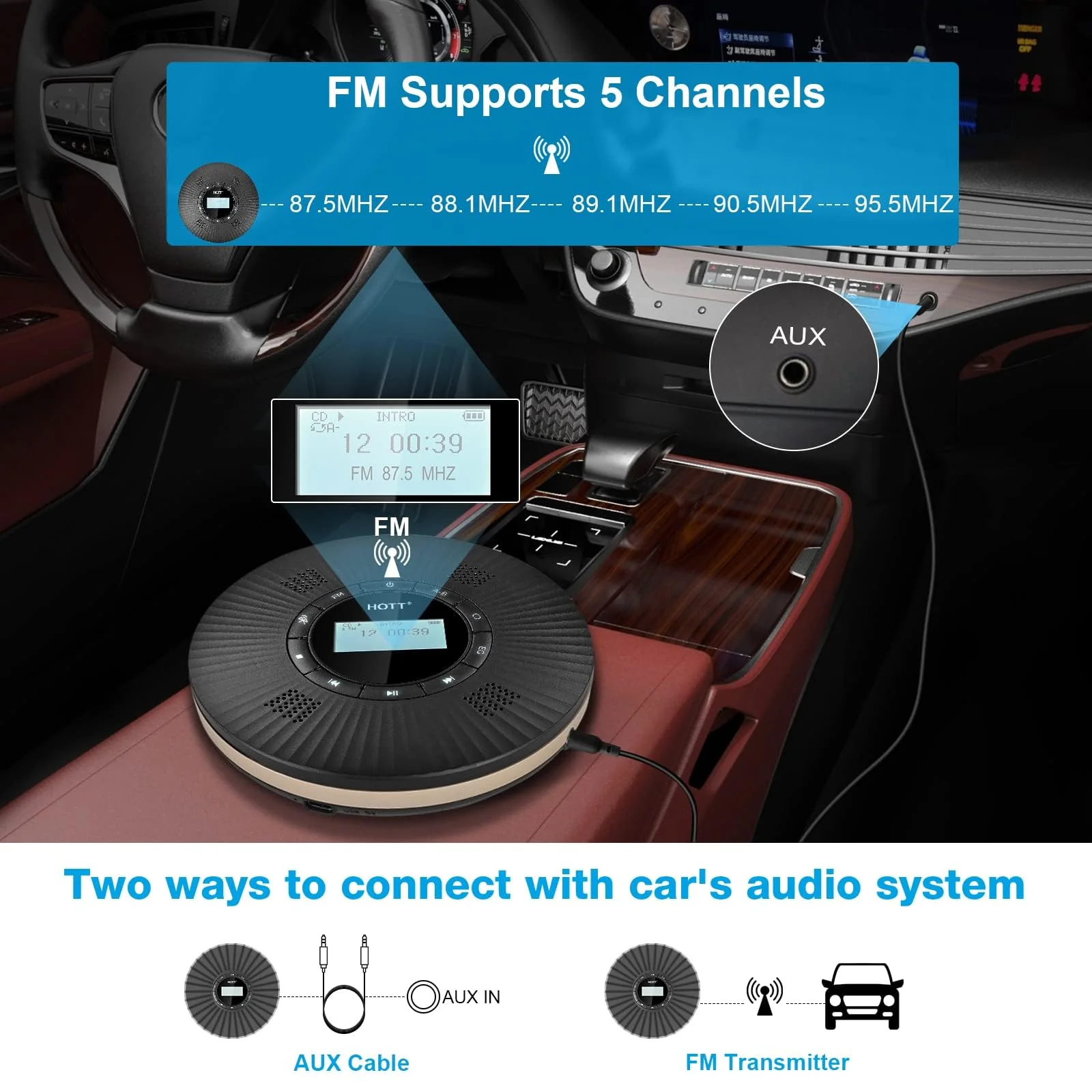HOTT CD Player Portable with 4 Speakers, Portable CD Player with 5.3 Bluetooth and FM Transmitter with Big LCD Screen Rechargeable 1800mAh Small Walkman CD Players with Headphones for Car Home Travel C228 Black - Image 5