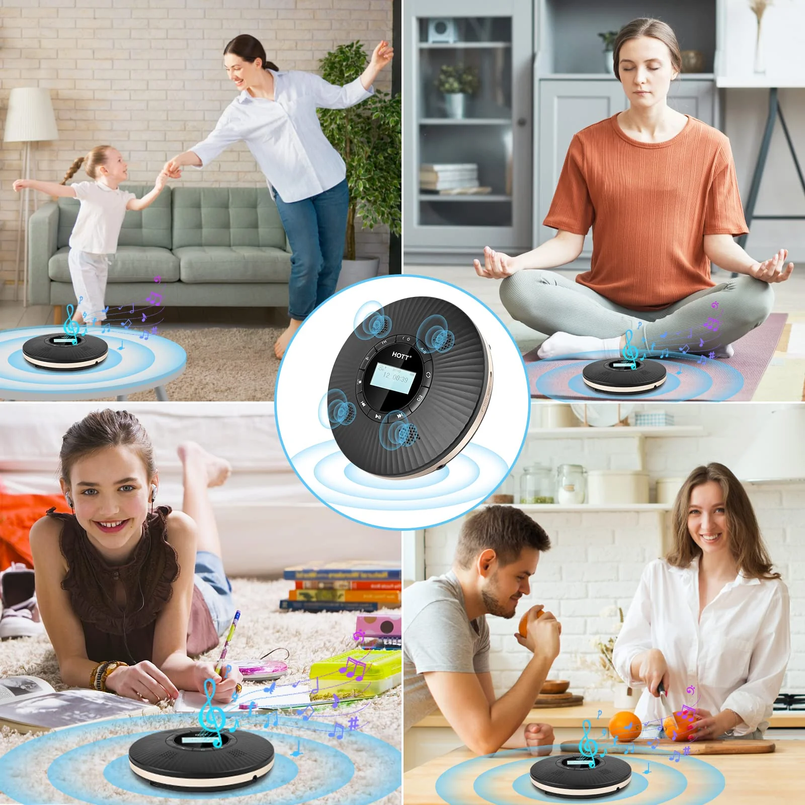 HOTT CD Player Portable with 4 Speakers, Portable CD Player with 5.3 Bluetooth and FM Transmitter with Big LCD Screen Rechargeable 1800mAh Small Walkman CD Players with Headphones for Car Home Travel C228 Black - Image 7