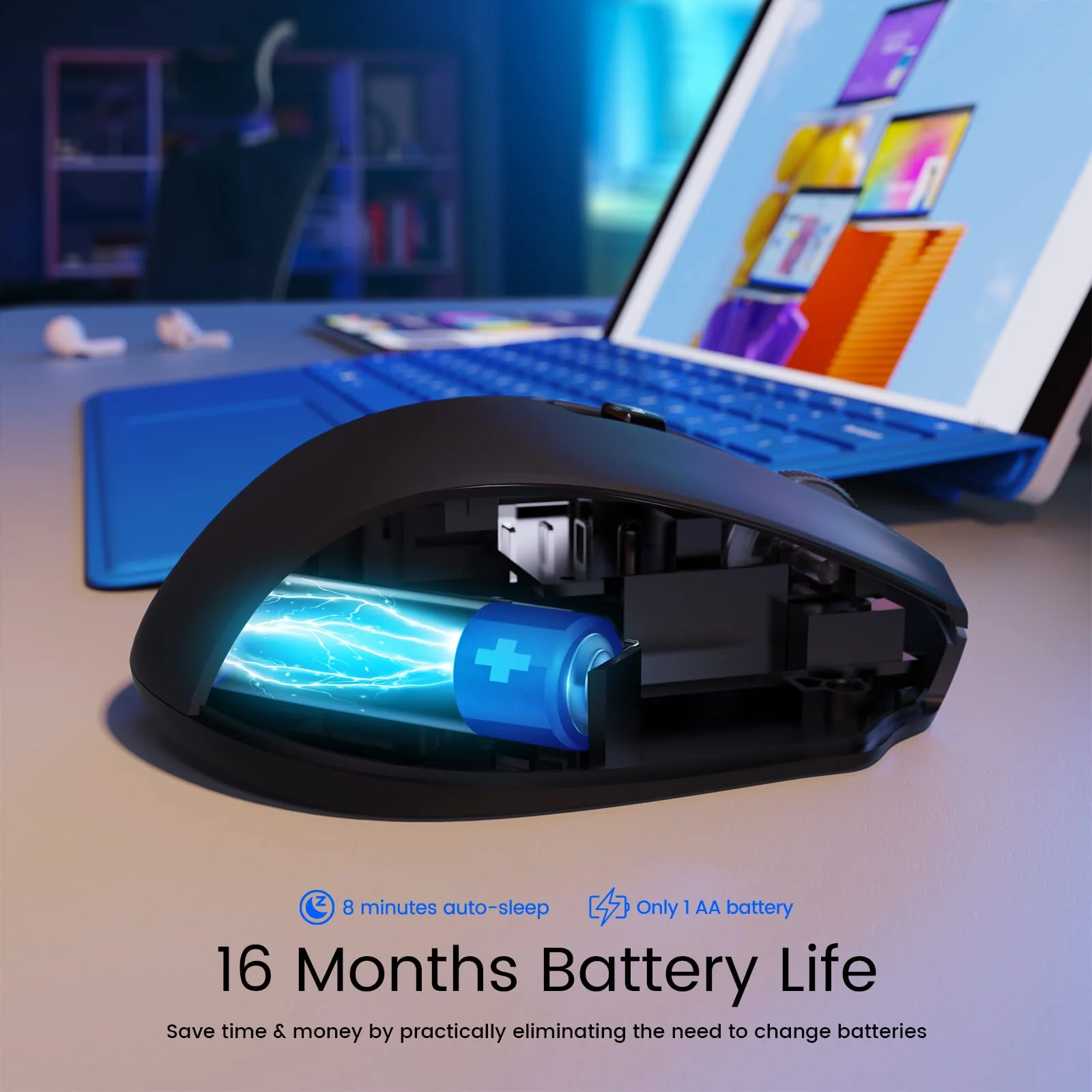 HOTWEEMS D-09 Wireless Mouse for Laptop - Ergonomic Plus Computer USB Cordless Mice, Ergo Grips, Lightspeed 5-Level 2400 DPI, 16 Months Battery, Portable for PC Mac Chromebook, 6 Button, Stormy Black - Image 5