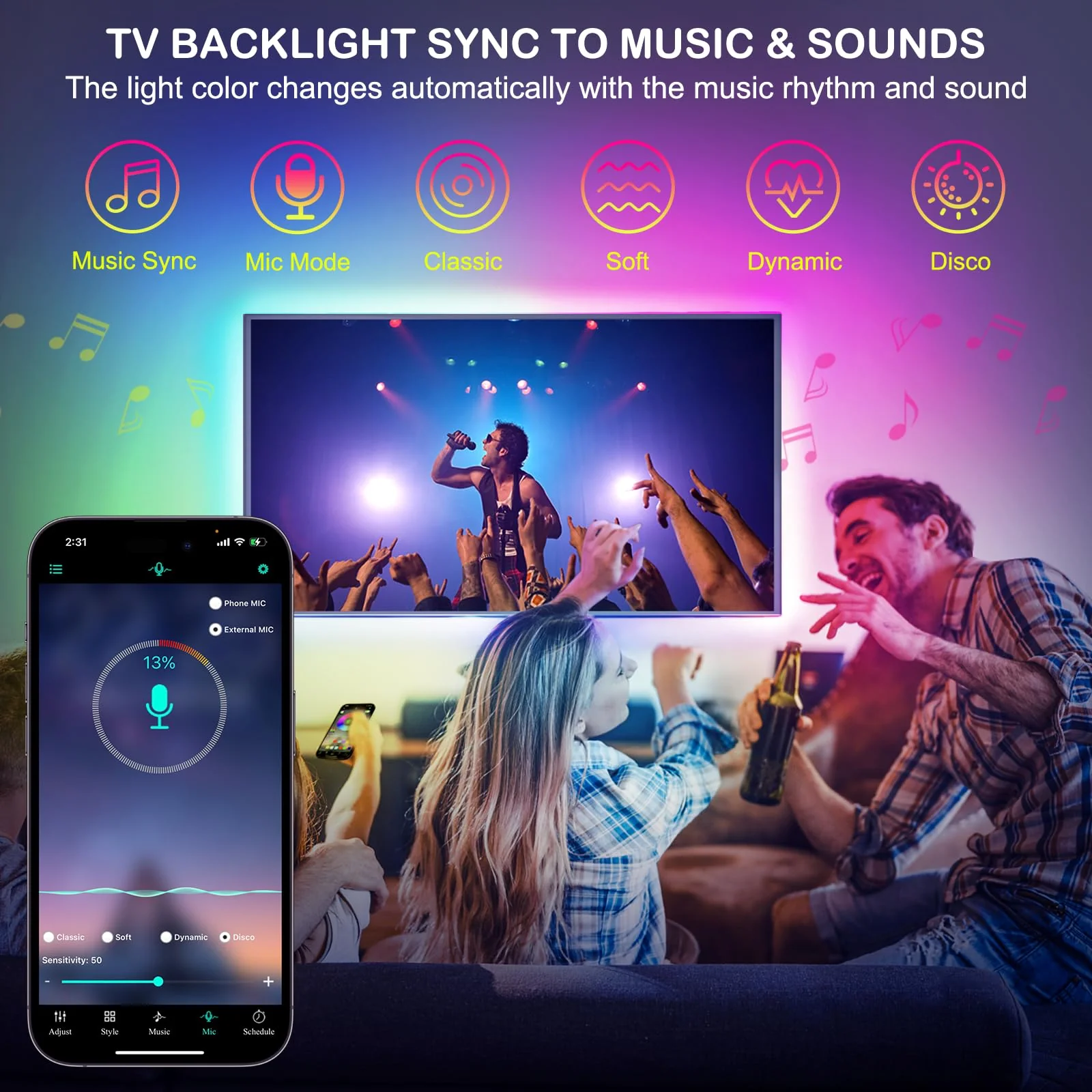 HOUHUI LED Strip Lights, 13.12Ft RGB LED Lights for 32-65 Inch TV Behind, Music Sync App Control LED Strip for TV Backlight, USB Plug-in Bias LED Lights for Bedroom Monitor PC Game Cabinet Desk Shelf - Image 2