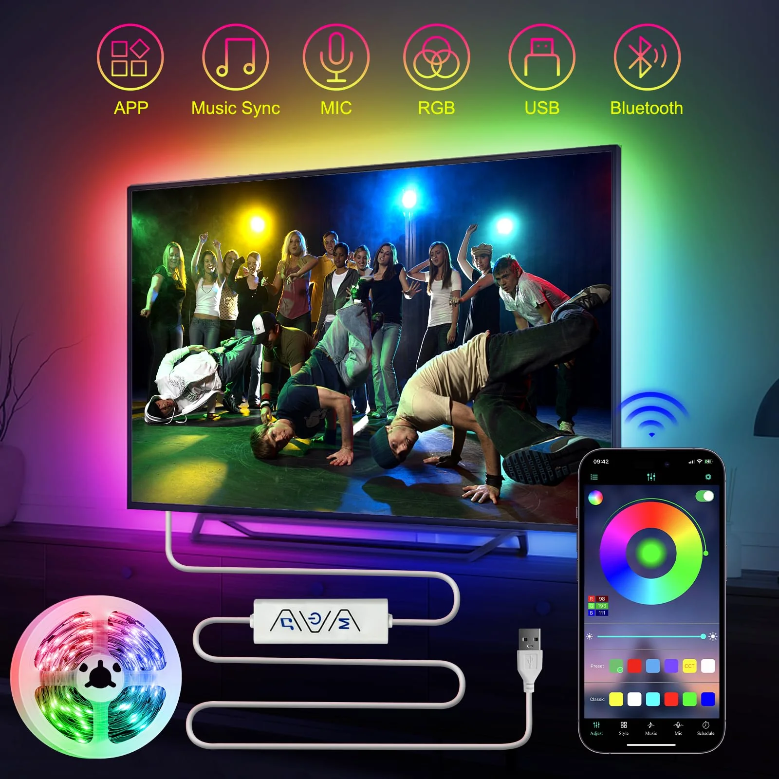 HOUHUI LED Strip Lights, 13.12Ft RGB LED Lights for 32-65 Inch TV Behind, Music Sync App Control LED Strip for TV Backlight, USB Plug-in Bias LED Lights for Bedroom Monitor PC Game Cabinet Desk Shelf - Image 6