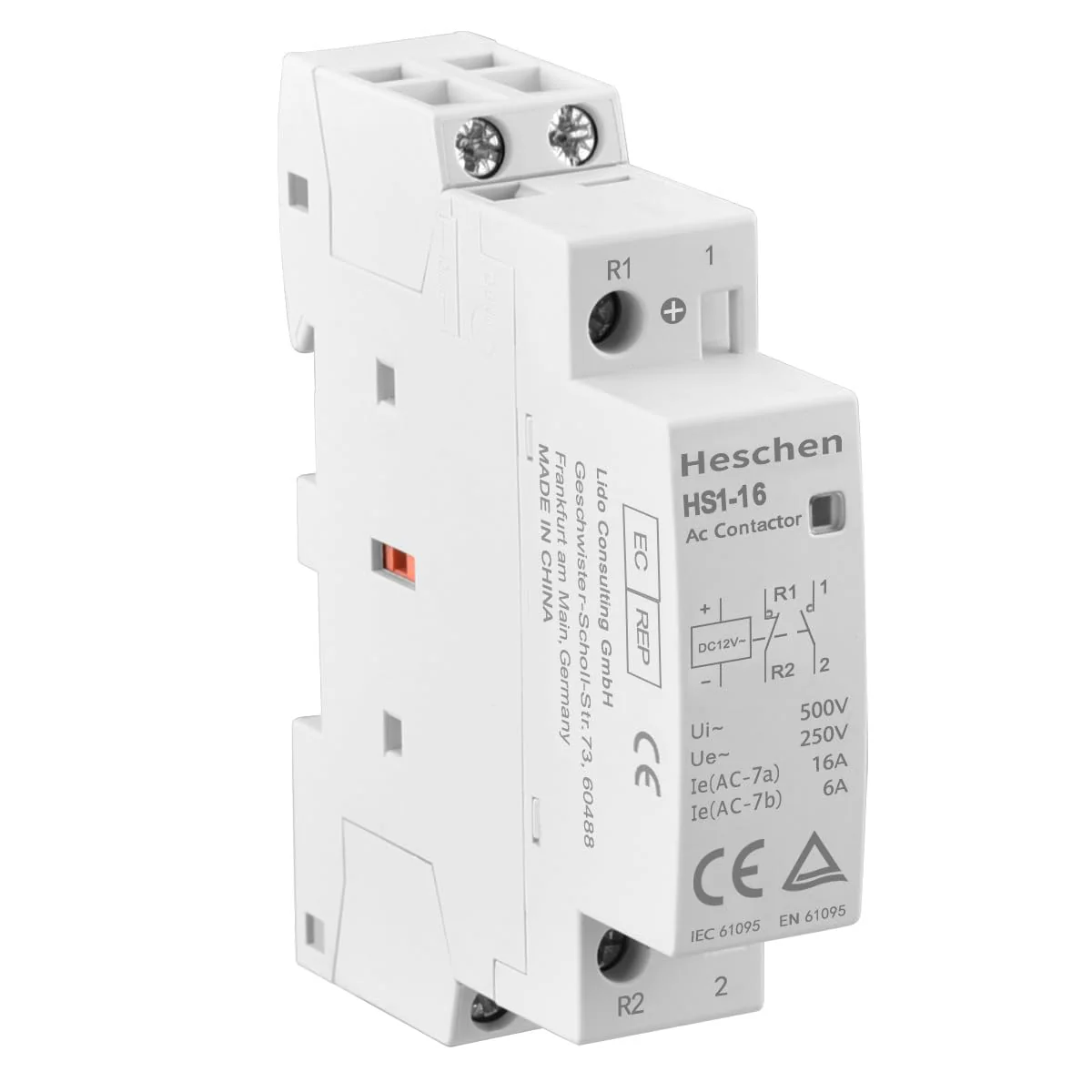 Household AC Contactor, HS1-16, Ie 16A, 2 Pole, 1NO 1NC, DC 12V Coil Voltage, 35mm DIN Rail Mount