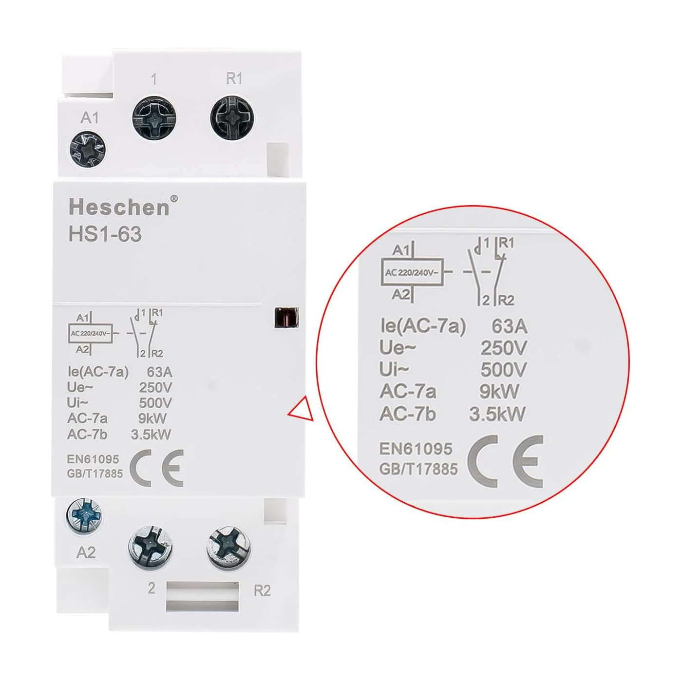 Household AC Contactor, HS1-63, 2 Pole 1NO 1NC, AC 220V/240V Coil Voltage, 35mm DIN Rail Mount - Image 4