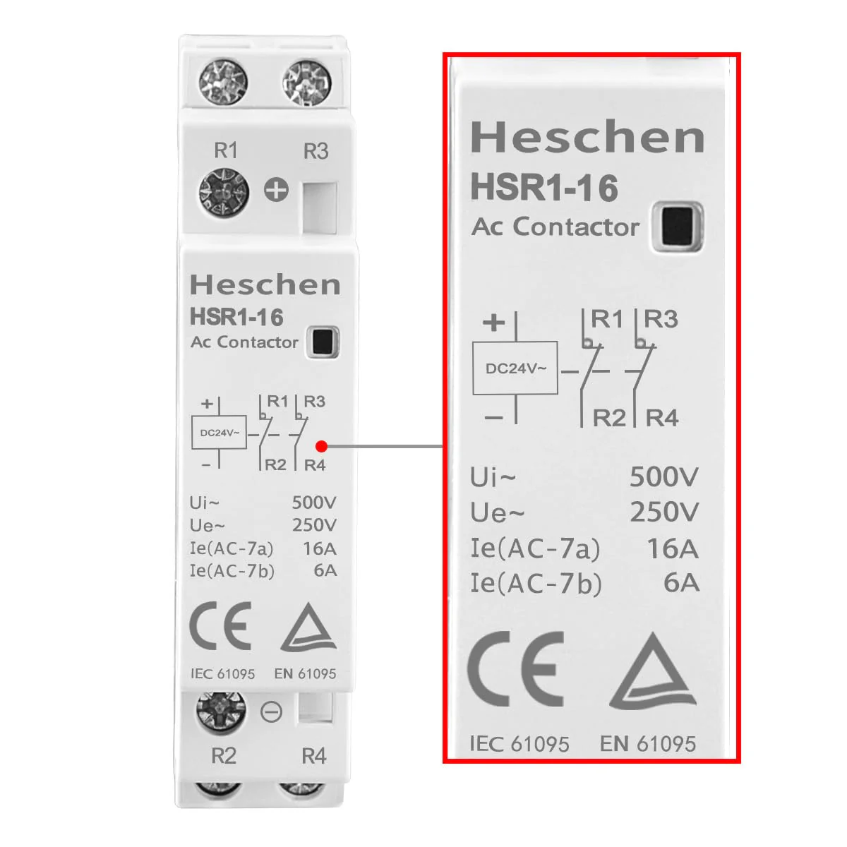 Household AC Contactor, HSR1-16, Ie 16A, 2 Pole, 2NC, DC 24V Coil Voltage, 35mm DIN Rail Mount - Image 4