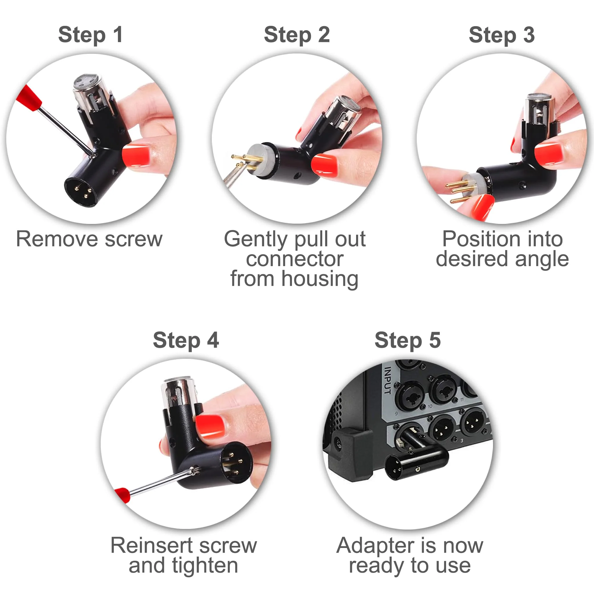 HQRP 4-Pack 3-Pin XLR Angle Adapter Dual Male & Female with 4 Adjustable Angle Positions Right Left and 90 Degree, Compatible with Mixers That Interfere with Other Applications, 3-Pin Connector - Image 4