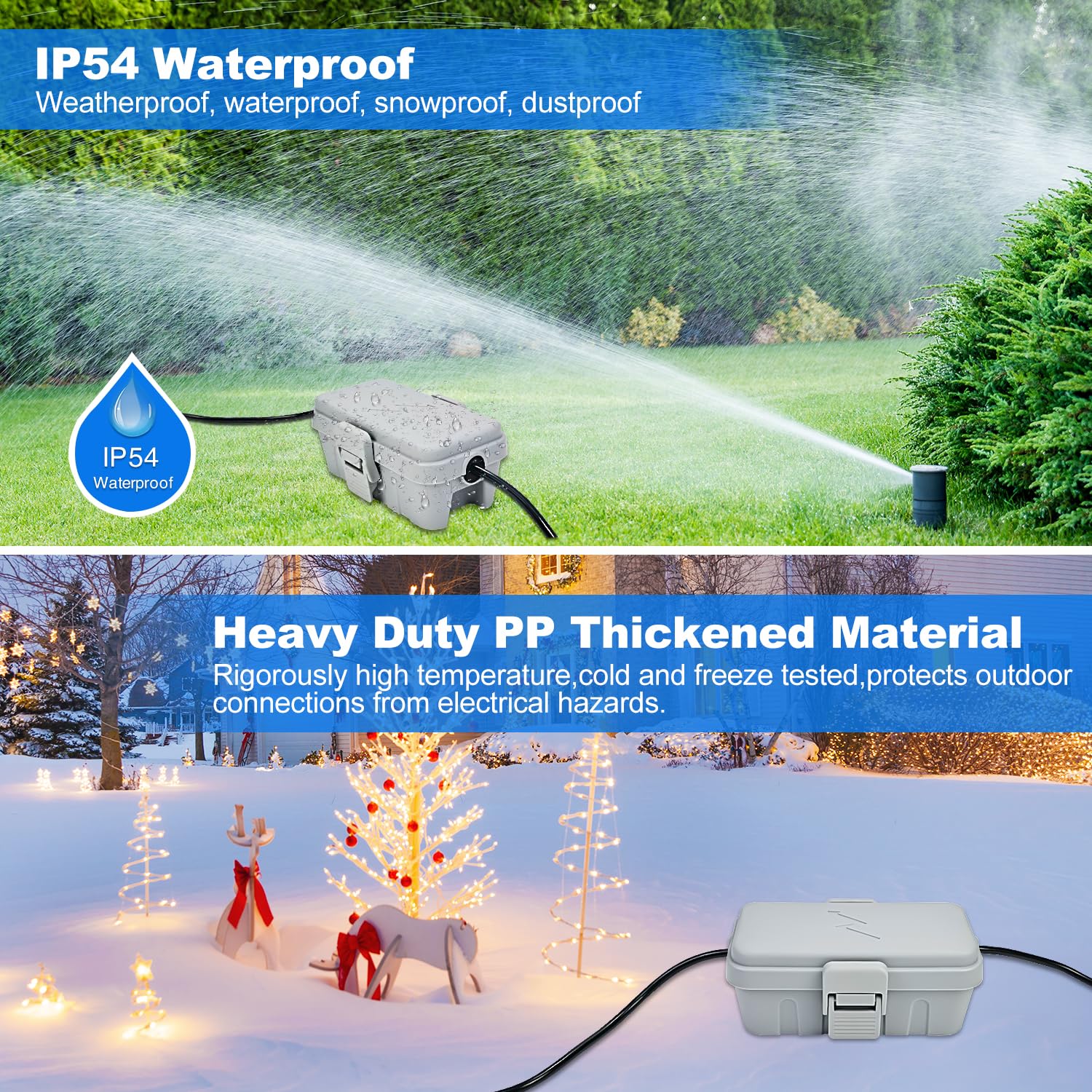 Hrensaw Small Weatherproof Electrical Connection Box(Inner 5.5 x 3 x 2.2inch),Outdoor Electrical Box,Waterproof Extension Cord Covers for Plug, Extension Cables, Holiday Lights,Grey Grey - Image 4