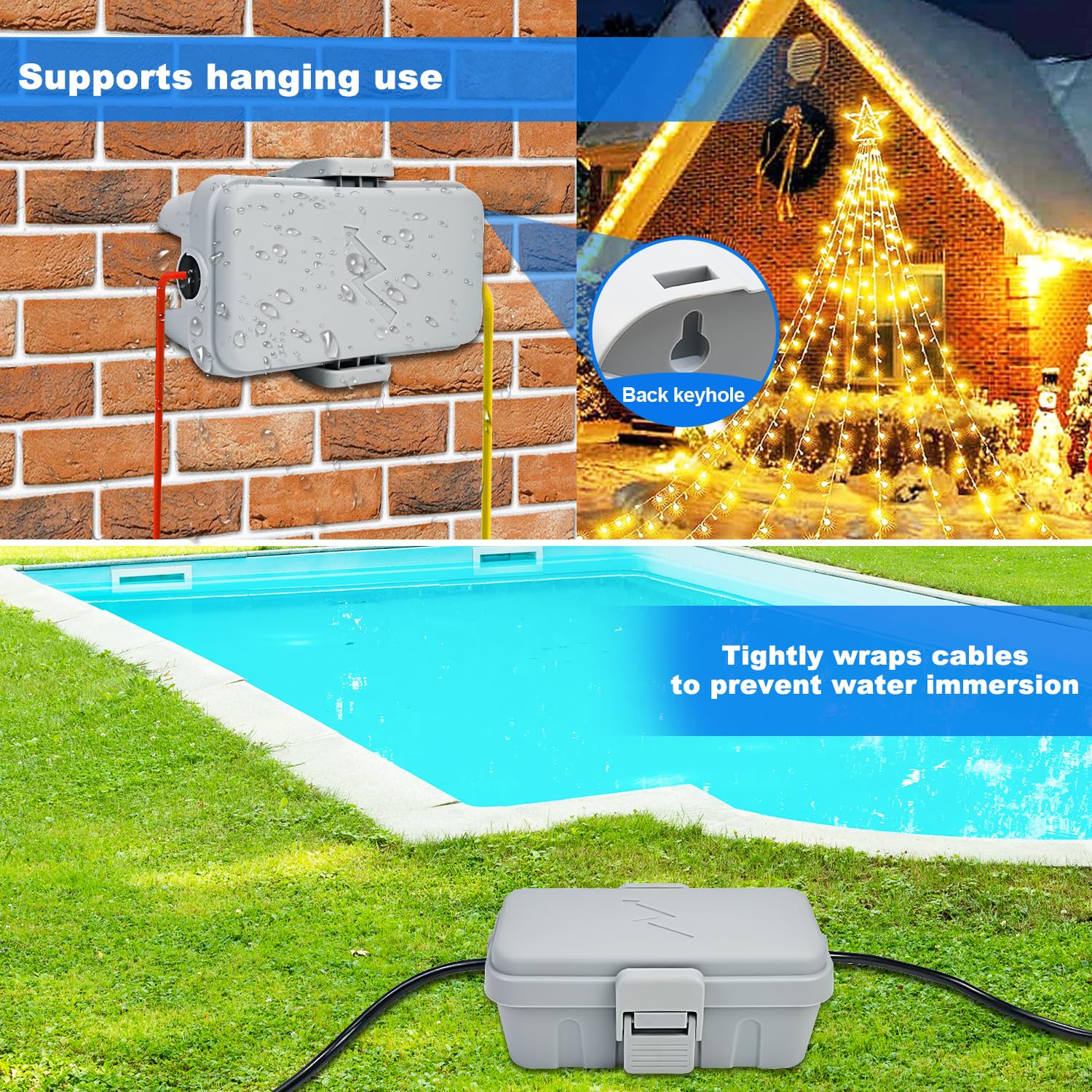 Hrensaw Small Weatherproof Electrical Connection Box(Inner 5.5 x 3 x 2.2inch),Outdoor Electrical Box,Waterproof Extension Cord Covers for Plug, Extension Cables, Holiday Lights,Grey Grey - Image 5