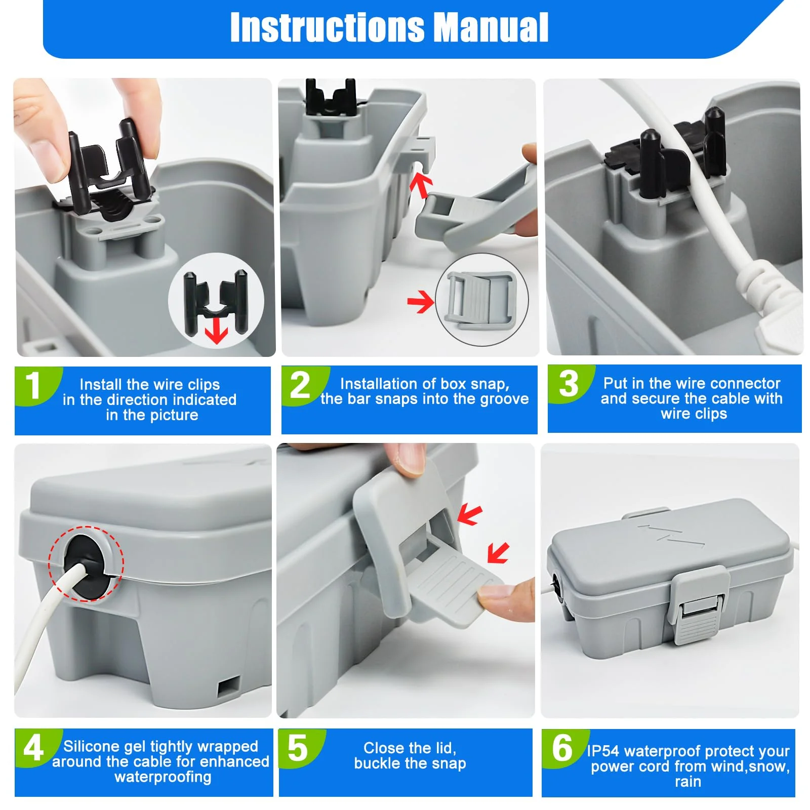 Hrensaw Small Weatherproof Electrical Connection Box(Inner 5.5 x 3 x 2.2inch),Outdoor Electrical Box,Waterproof Extension Cord Covers for Plug, Extension Cables, Holiday Lights,Grey Grey - Image 6