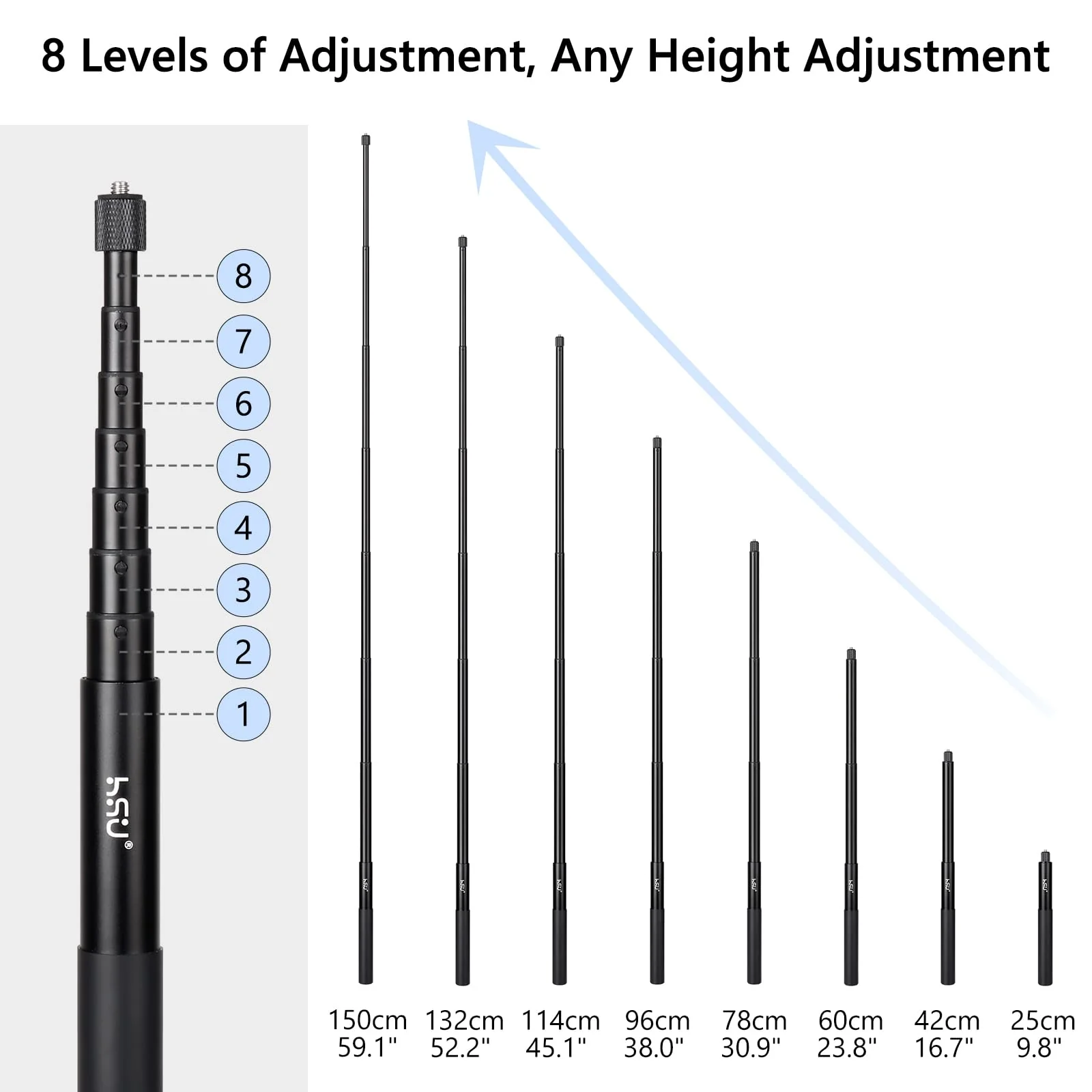 HSU 59”/150cm Invisible Selfie Stick for Insta360, Extension Monopod Pole for Insta360 X4, X3, X2, X, Insta 360 ONE R, RS, GoPro, DJI Action Camera - Image 2