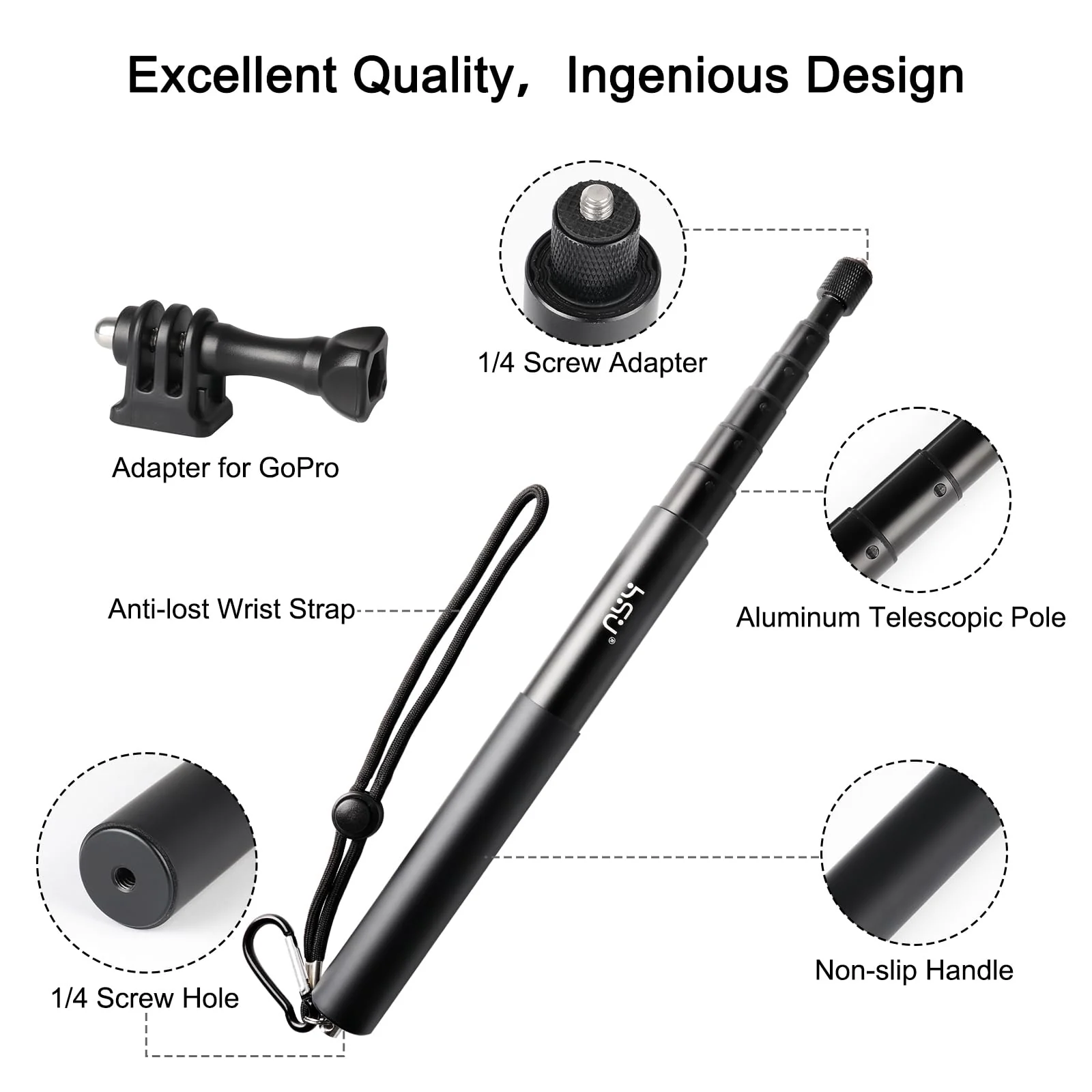HSU 59”/150cm Invisible Selfie Stick for Insta360, Extension Monopod Pole for Insta360 X4, X3, X2, X, Insta 360 ONE R, RS, GoPro, DJI Action Camera - Image 4