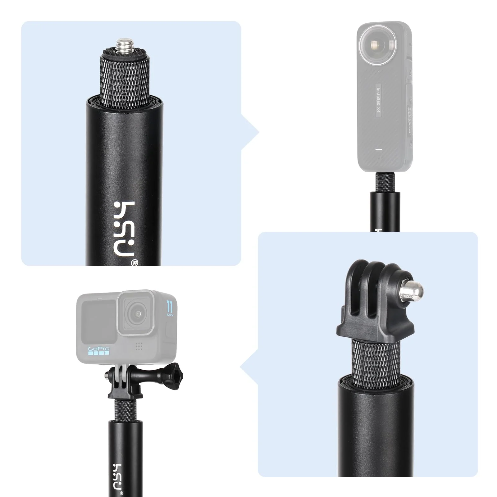 HSU 59”/150cm Invisible Selfie Stick for Insta360, Extension Monopod Pole for Insta360 X4, X3, X2, X, Insta 360 ONE R, RS, GoPro, DJI Action Camera - Image 7