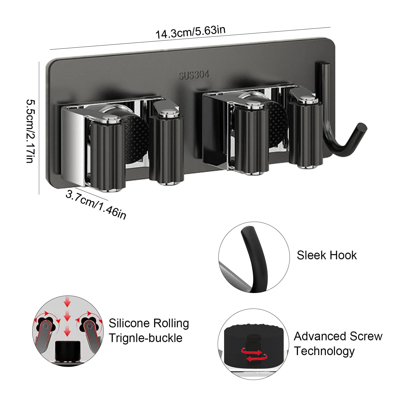 HTRTRR Broom Holder Wall 2 Pieces, 3 in 1 Tool Holder Stainless Steel Garden Tool Holder Wall Mount Self-Adhesive Broom Holder for Kitchen, Home, Bathroom, Garage, Garden - Image 2