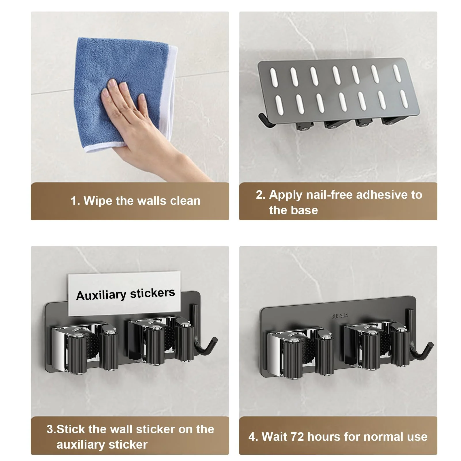 HTRTRR Broom Holder Wall 2 Pieces, 3 in 1 Tool Holder Stainless Steel Garden Tool Holder Wall Mount Self-Adhesive Broom Holder for Kitchen, Home, Bathroom, Garage, Garden - Image 3