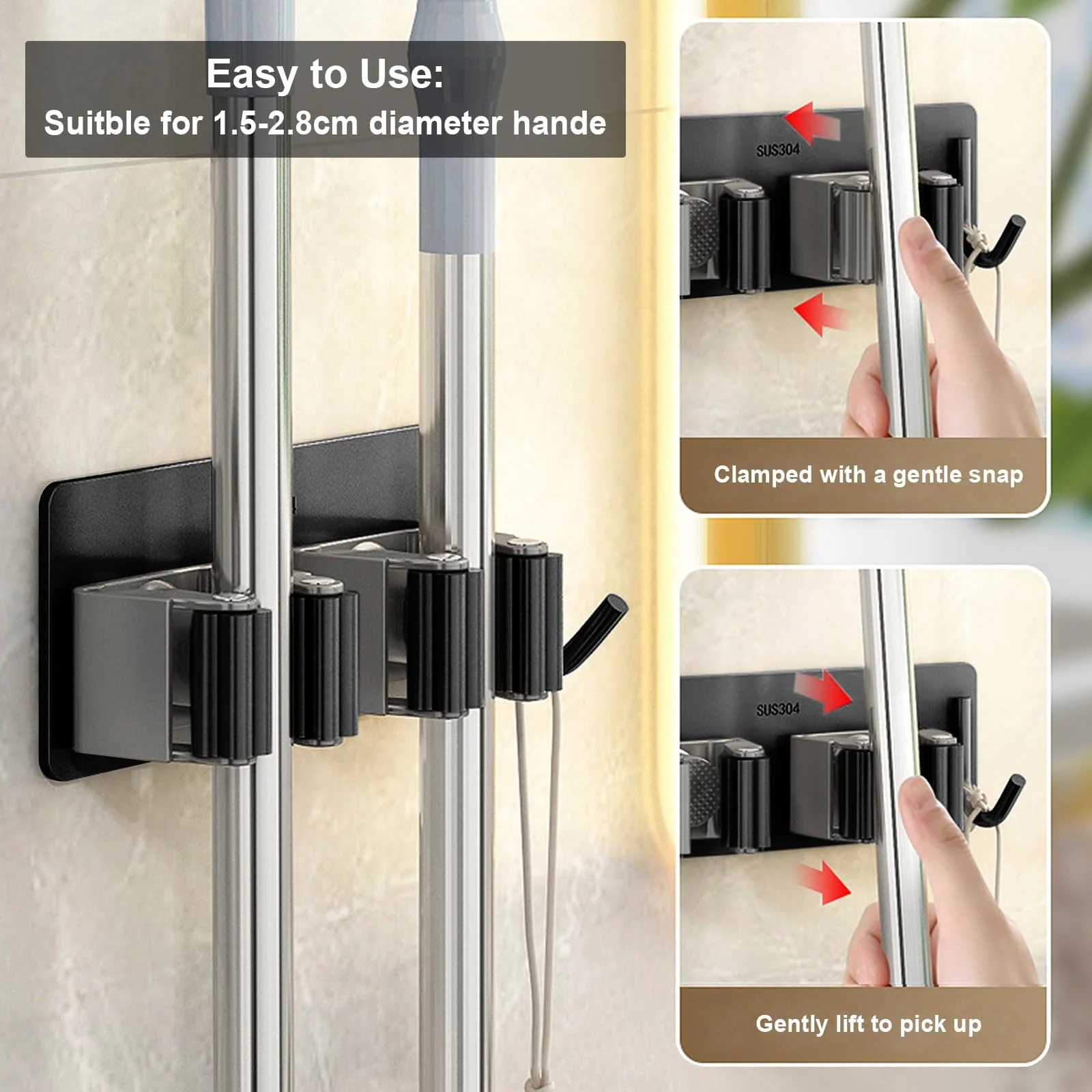 HTRTRR Broom Holder Wall 2 Pieces, 3 in 1 Tool Holder Stainless Steel Garden Tool Holder Wall Mount Self-Adhesive Broom Holder for Kitchen, Home, Bathroom, Garage, Garden - Image 4