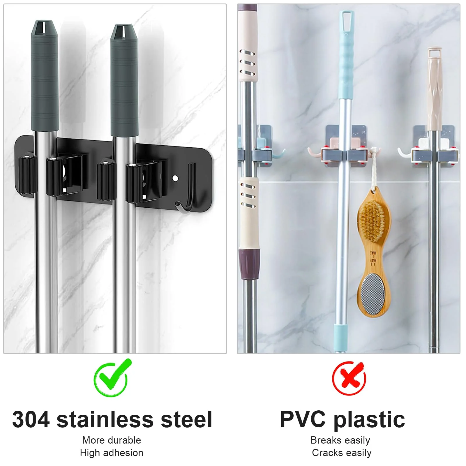 HTRTRR Broom Holder Wall 2 Pieces, 3 in 1 Tool Holder Stainless Steel Garden Tool Holder Wall Mount Self-Adhesive Broom Holder for Kitchen, Home, Bathroom, Garage, Garden - Image 5