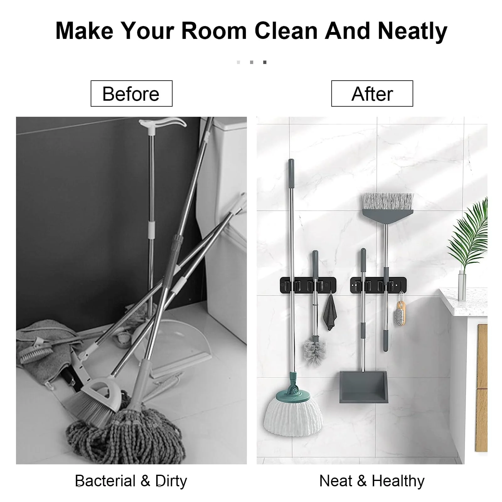 HTRTRR Broom Holder Wall 2 Pieces, 3 in 1 Tool Holder Stainless Steel Garden Tool Holder Wall Mount Self-Adhesive Broom Holder for Kitchen, Home, Bathroom, Garage, Garden - Image 6