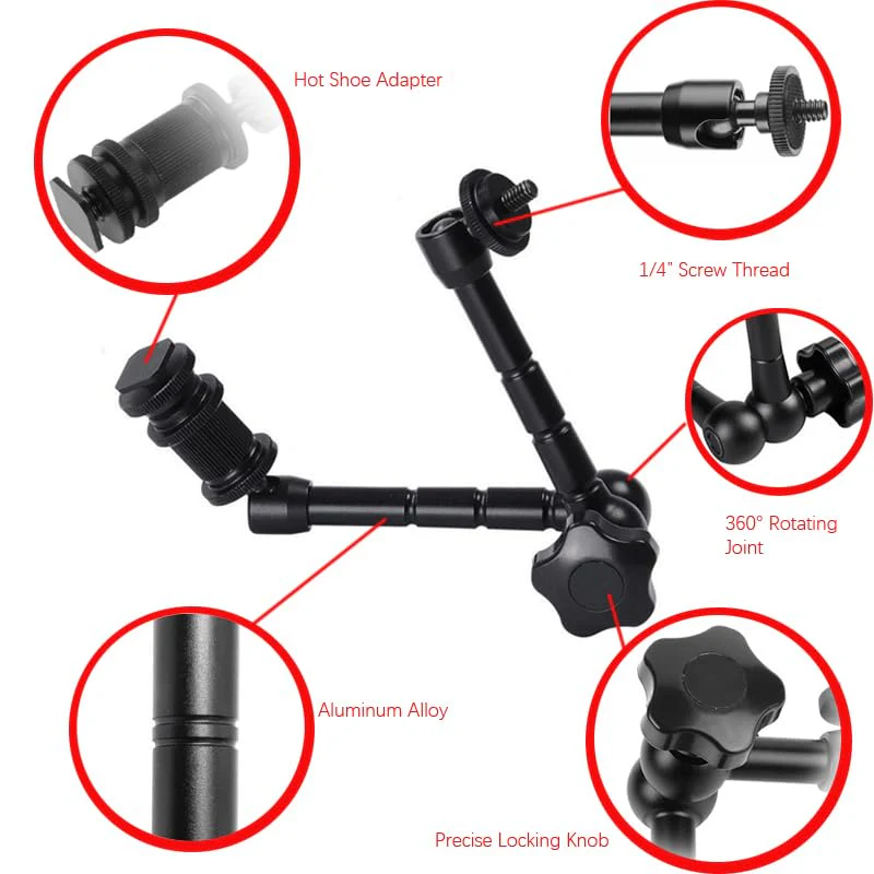 HuaerHui 11 Inch Adjustable Articulating Friction Magic Arm with 1/4" Thread Screw and Hot Shoe Mount Adapter for DSLR Camera Rig/Camcorder/LCD Monitor/LED Lights/Flash Light/Microphone - Image 4