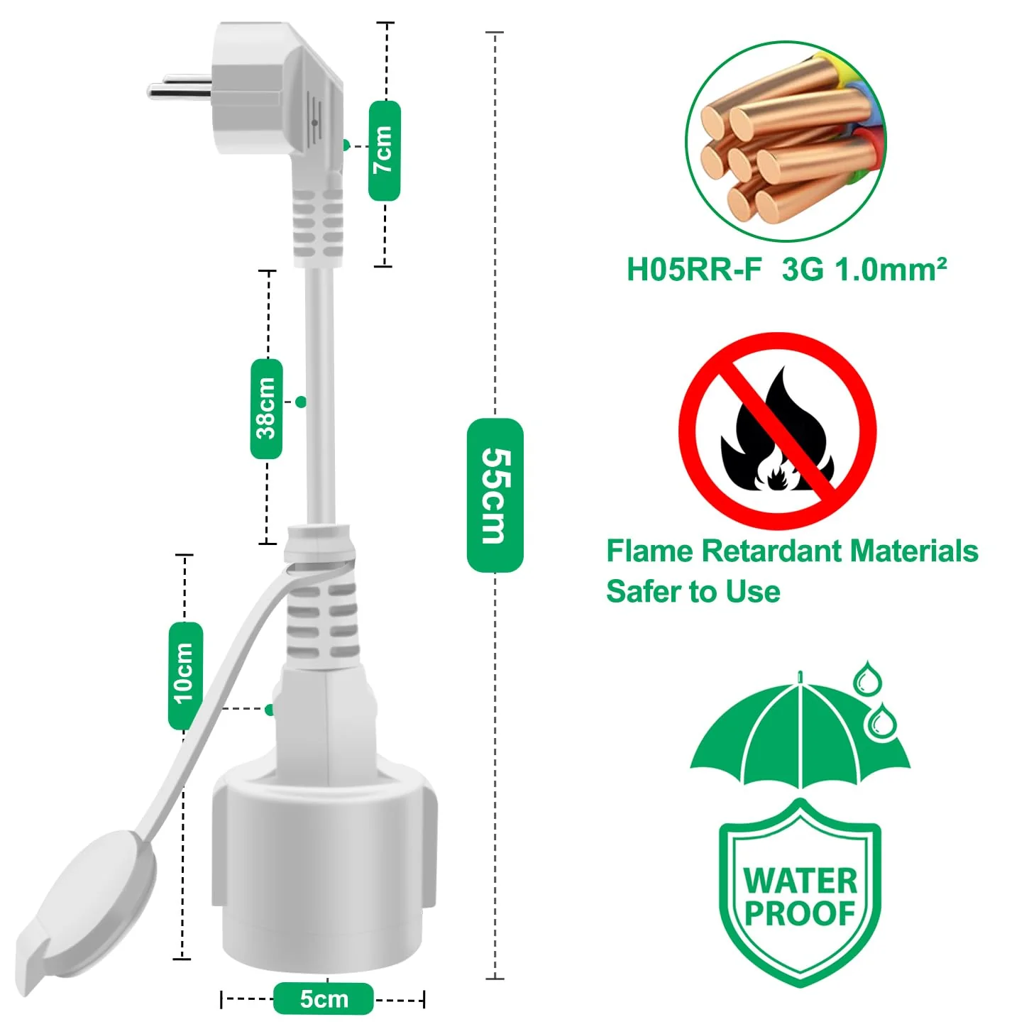 HuaLiSiJi Schuko Extension Short 90 Degree Protective Contact Extension Cable 16 A / 250 V Short Cable 2 AC for IP44 Socket for Outdoor or Indoor Use, Home, Office (White, 0.5 m) 0.5m White - Image 4