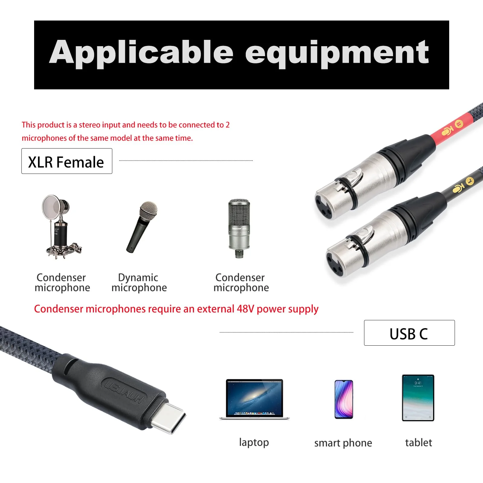 HUALUE 10Ft Dual XLR Female to USB C Stereo Microphone Cable,XLR Female Smartphone USB C Recording Cable，Dual Channel Stereo Input XLR to USB C for iPhone 15 ipad Dynamic Condenser Microphone - Image 2