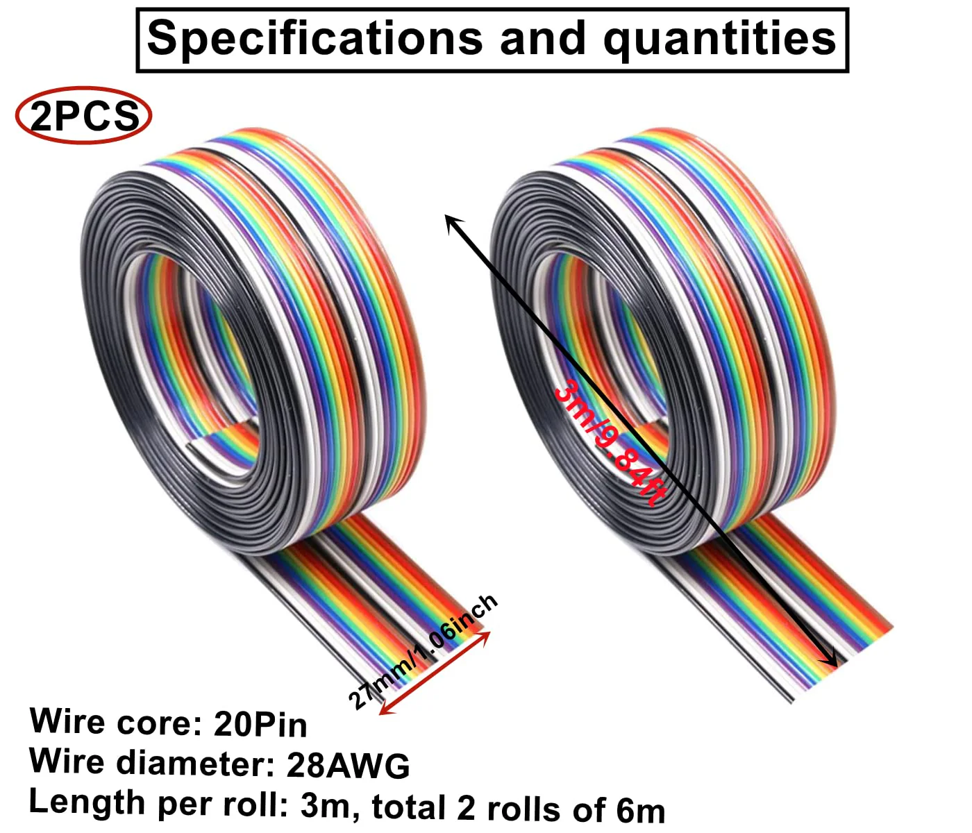 HUAZIZ 2 Rolls of Colourful Ribbon Cable, 1.27 mm Spacing Cable, 20 Pin Flat Rainbow Ribbon Cable for 2.54 mm Connectors, IDC Cable Rainbow (3 Metres/Rolls) - Image 2