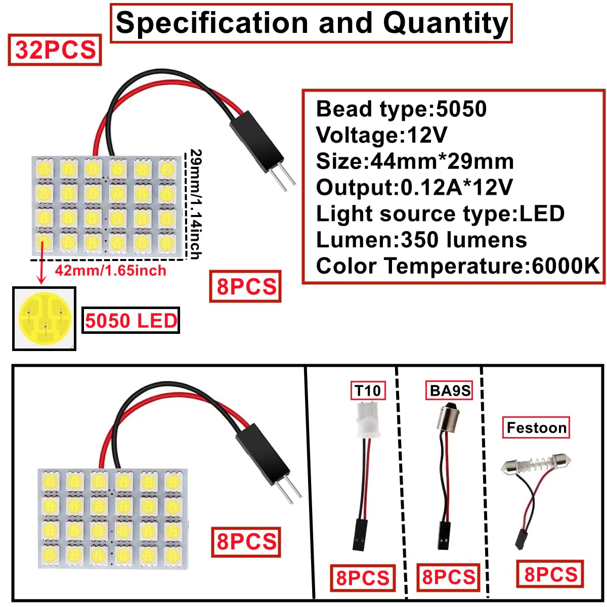 HUAZIZ 8 pieces super white energy-saving 5050 24 SMD LED panel dome light interior reading plate light roof ceiling interior wired lamp + 8 pieces garland adapter - Image 2