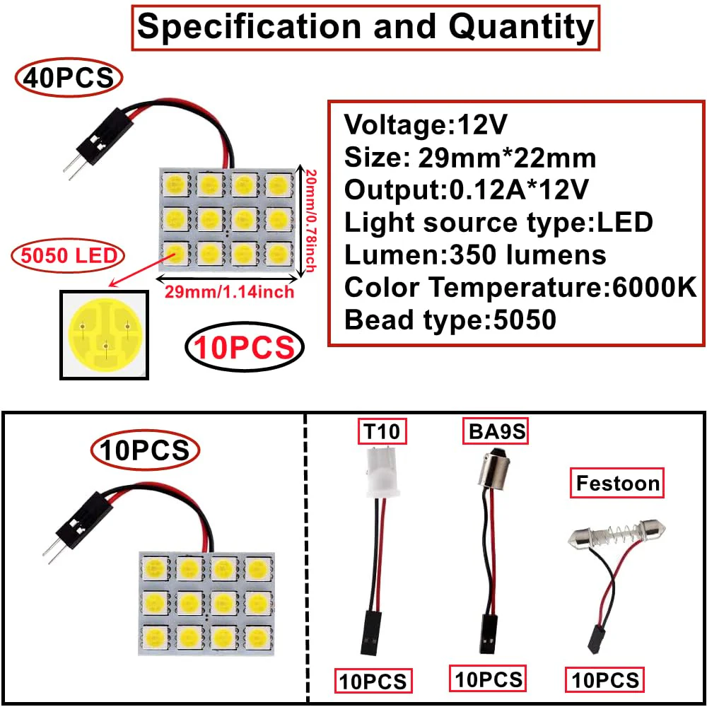 HUAZIZ Pack of 10 White 5050 12-SMD LED Panel Dome Light, Interior Reading Plate Light, Indoor Wired Lamp + 30 Pieces Garland Adapter - Image 2