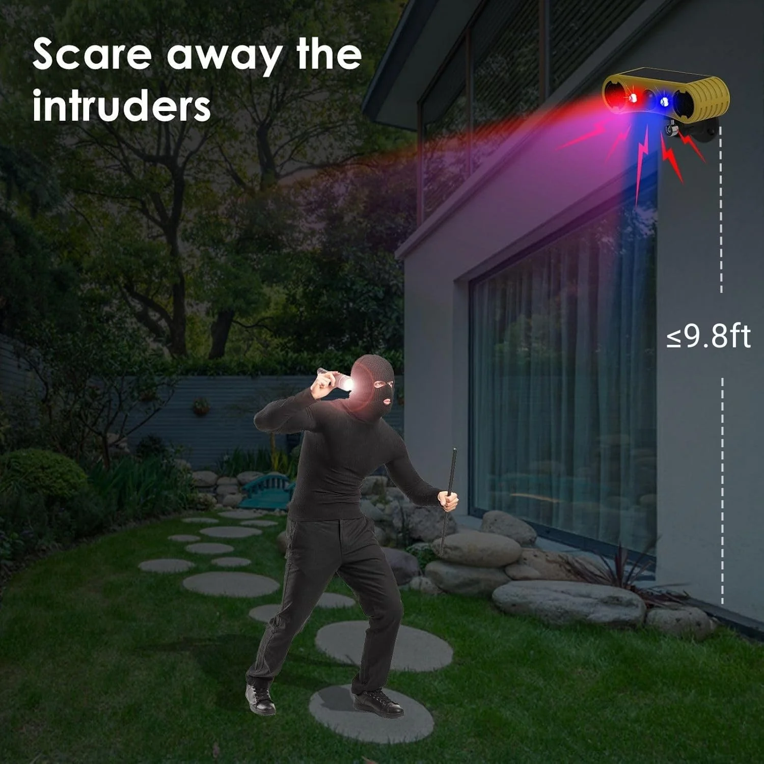 HULPPRE Solar Outdoor Motion Sensor Alarm-13 Sounds Including Dog Barking&Gunshot,2*130db Loud Noise Maker,4 Modes,Red&Blue Motion Activated Strobe Light,Say Goodbye to The Intruders 4 modes,13 sounds outdoor alarm - Image 2