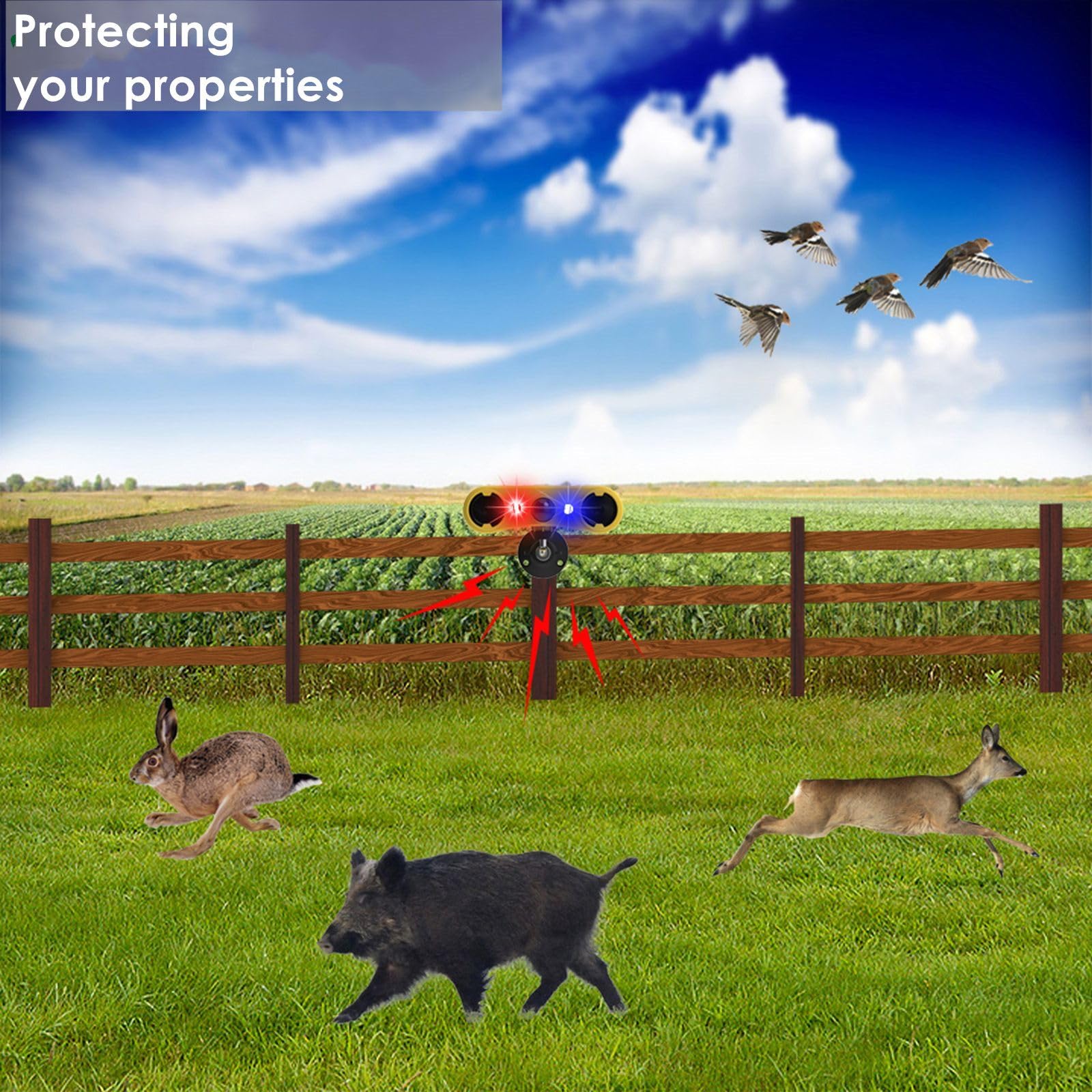 HULPPRE Solar Outdoor Motion Sensor Alarm-13 Sounds Including Dog Barking&Gunshot,2*130db Loud Noise Maker,4 Modes,Red&Blue Motion Activated Strobe Light,Say Goodbye to The Intruders 4 modes,13 sounds outdoor alarm - Image 3