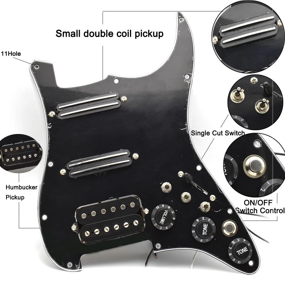 Humbucker Electric Guitar Pickguard Pickup with Singlecut Wiring Loaded Prewired Pickguard SSH Guitar Pickguard Swith Control Scratchplate Assembly for Fender Strat Guitar (Right Hand-Black-Black) Right Hand-Black-Black - Image 2