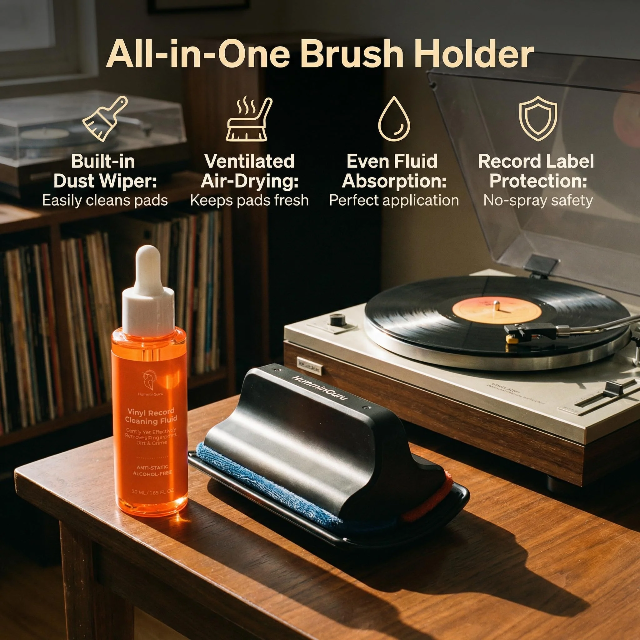 HumminGuru I-Brush Vinyl Record Cleaning Kit, Anti-Static Vinyl Record Cleaner Kit with Dual Velvet Pads Vinyl Record Brush + Alcohol-Free Record Cleaning Solution + LP Brush Holder (Orange: I-Brush) Orange: I-brush - Image 6