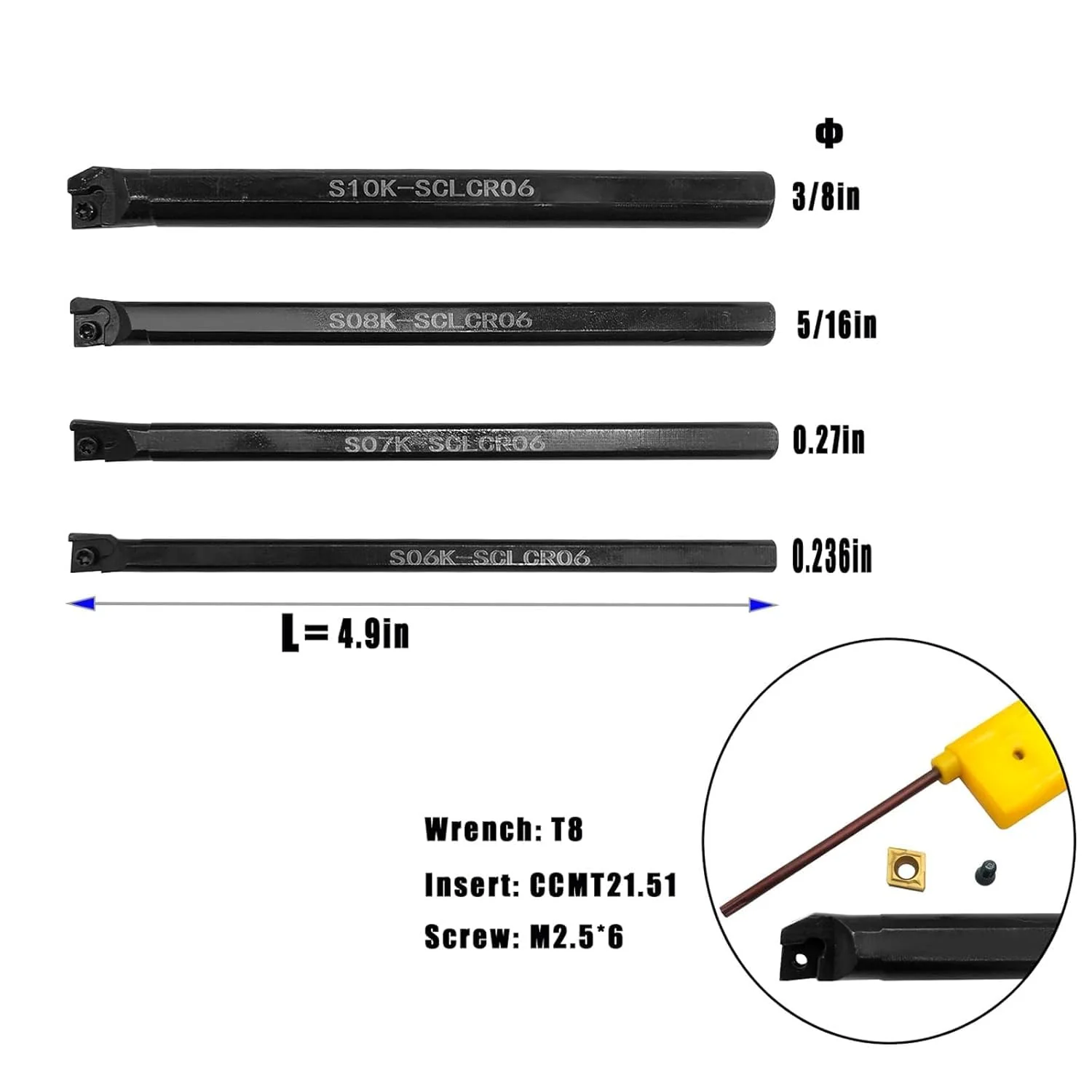 Hunricho Mini Metal Lathe Tools Drill Bar Set 15 / 64 inches, 9 / 32 inches, 5 / 16 inches, 3 / 8 inches Shank Rotary Tool Holder with CCMT21.51 CCMT06 Drill Rod Replacement Carbide Turninng Inserts 4pcs Bohrstange - Image 2