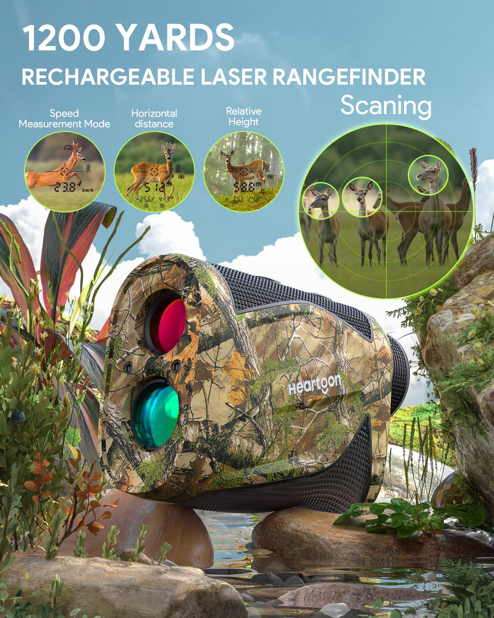 Hunting Rangefinder, Heartgon 1200 Yards Rechargeable Rangefinder for Hunting, 6X Magnification, High-Precision Continuous Scan/Distance/Angle/Speed Waterproof Bowhunting Rangefinder - Image 2