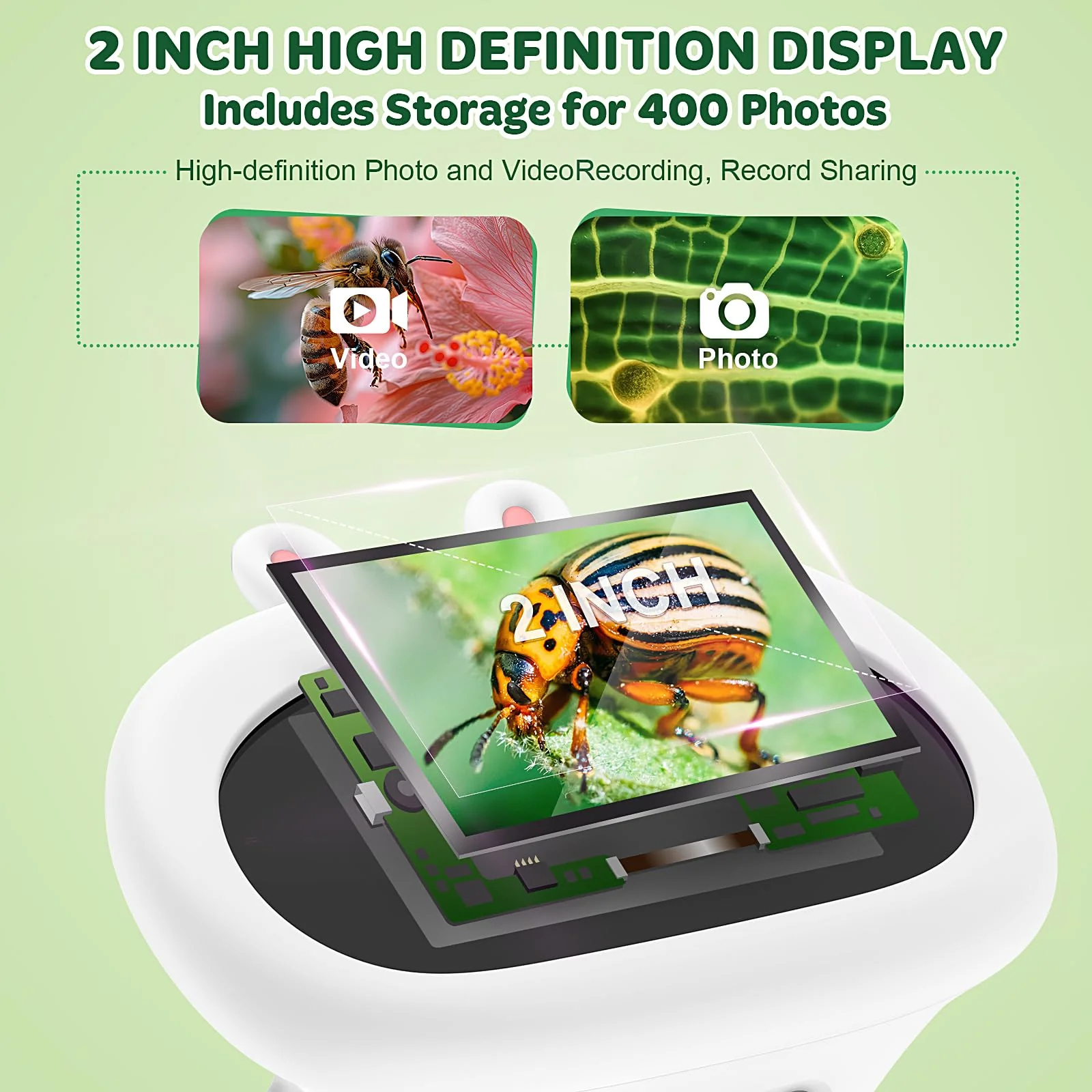 HUTACT Kids Microscope Portable with 2'' Screen - 200X Mini Digital Handheld Pocket Microscope, Christmas Birthday Gifts for All Age, Includes 5 Prepared Microscope Slides Kit - Image 2