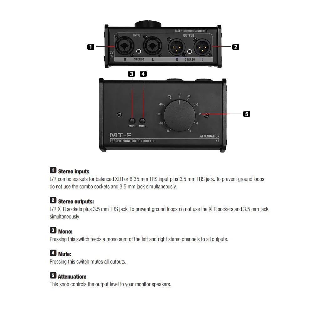 HXBER Passive Monitor Controller with XLR 3.5mm Inputs Outputs Supports Attenuation Control Mute Function, Black - Image 3