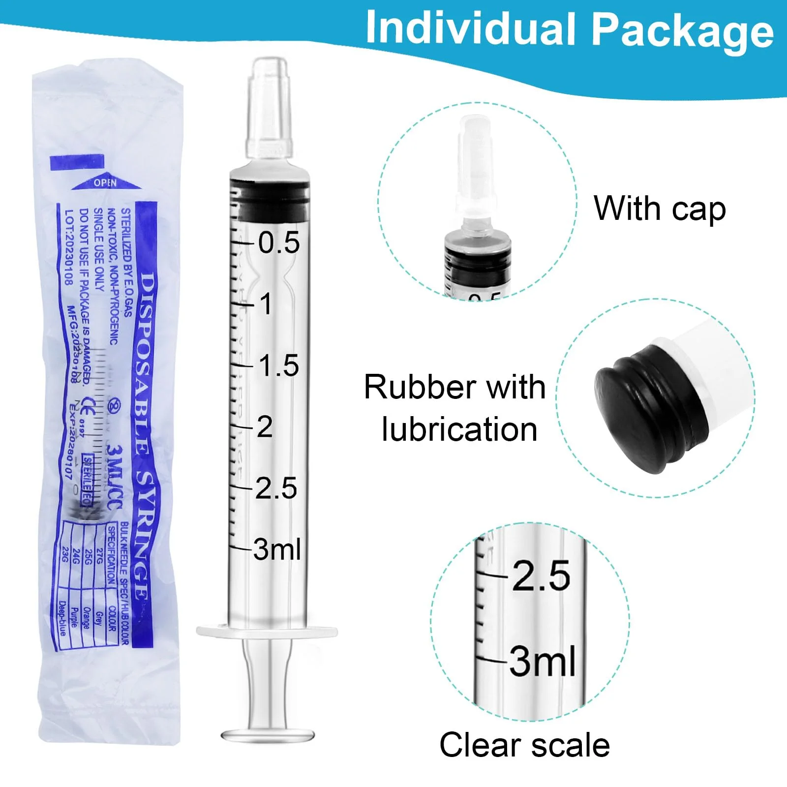 HXC Syringes 3 ml Plastic Syringe Pack of 24 Colostrum Syringe with Lid Food Syringe Disposable Syringes Individual Package 2 ml Syringe Sterile for Newborn Animal Feeding Lab 3ml - Image 4