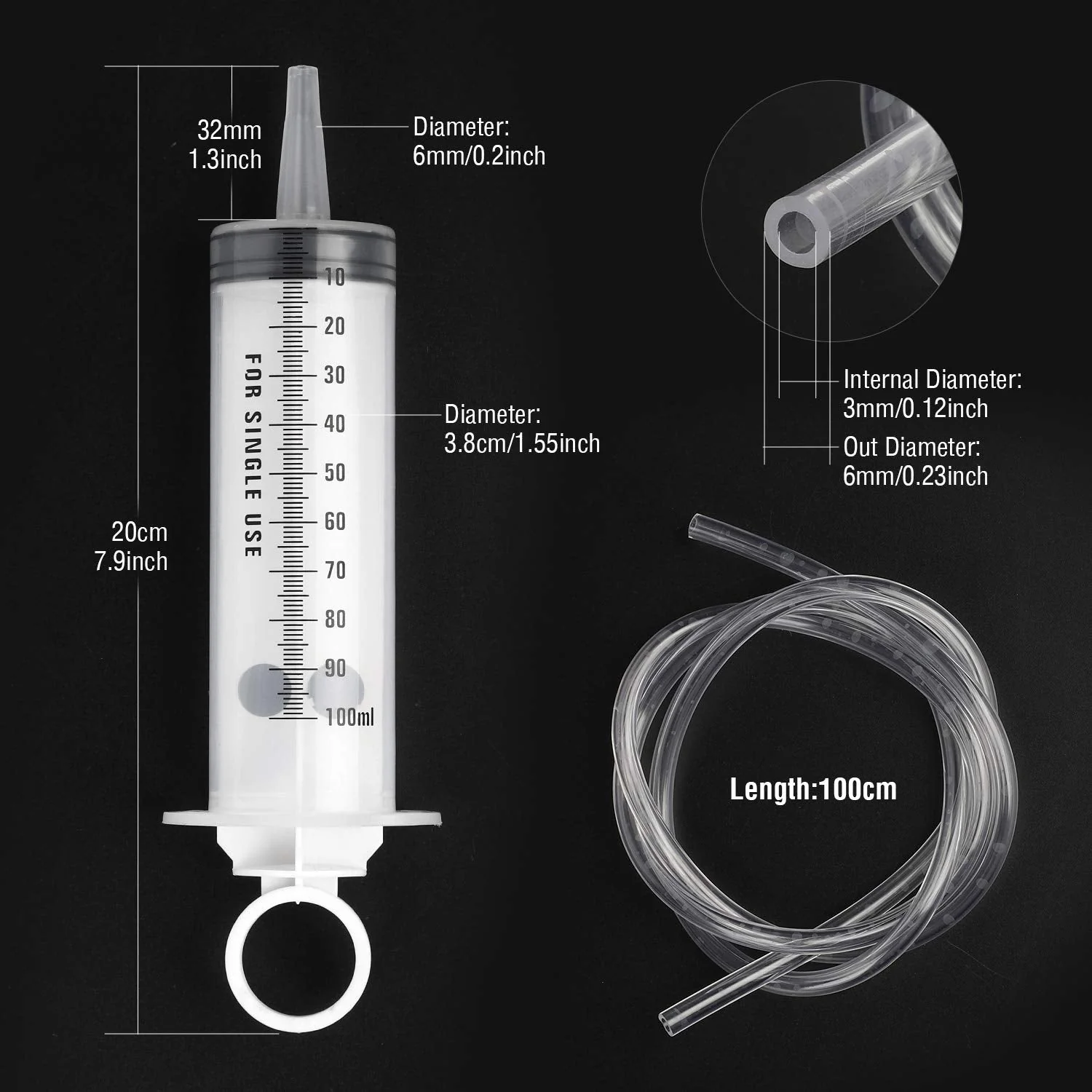 Hyber&Cara 100 ml Plastic Syringe with 100 cm Hose Made of PVC, Dosing Syringe, Feed Syringe, Marinating Syringe for Engine Oil, Brake Fluid Bleeding, Gardening, Pack of 2 100ml - Image 3