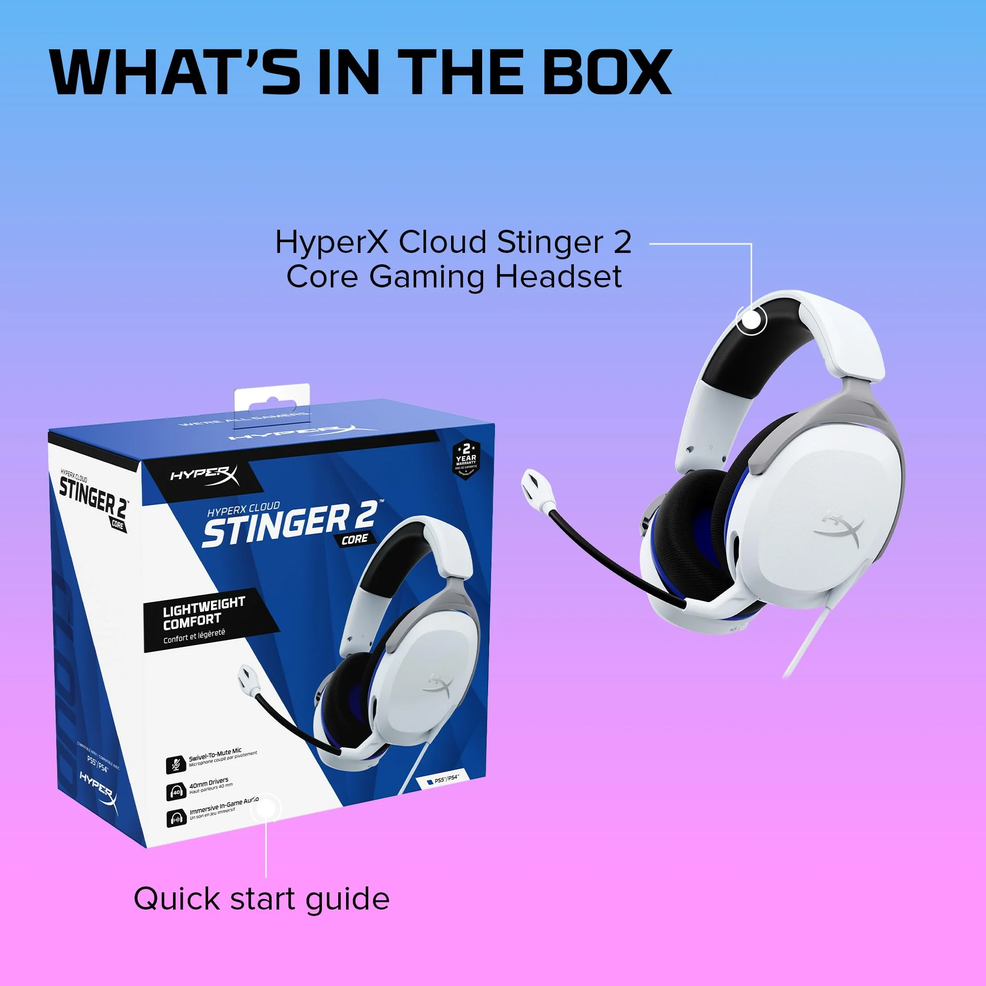 HyperX Cloud Stinger 2 Core - Gaming Headset for Playstation, Lightweight Over-Ear Headset with mic, Swivel-to-Mute Function, 40mm Drivers - White Wired - Image 8