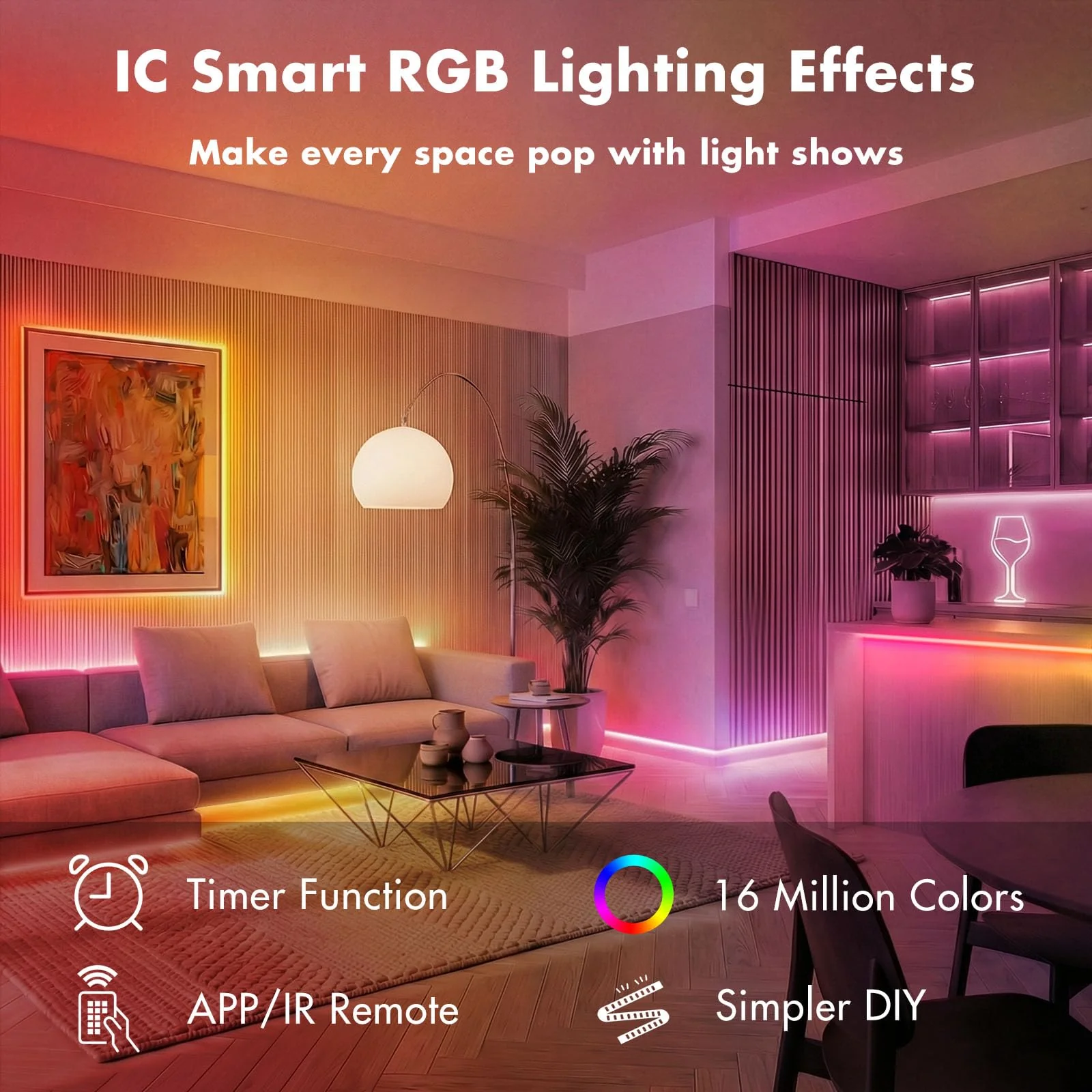 IC Smart RGB LED Strip Lights, 65.6FT LED Lights for Bedroom, App Control/Remote Control, Music Sync, DIY Design, Rainbow Chasing Effects, Strip Lights for Home, Party Decor - Image 4