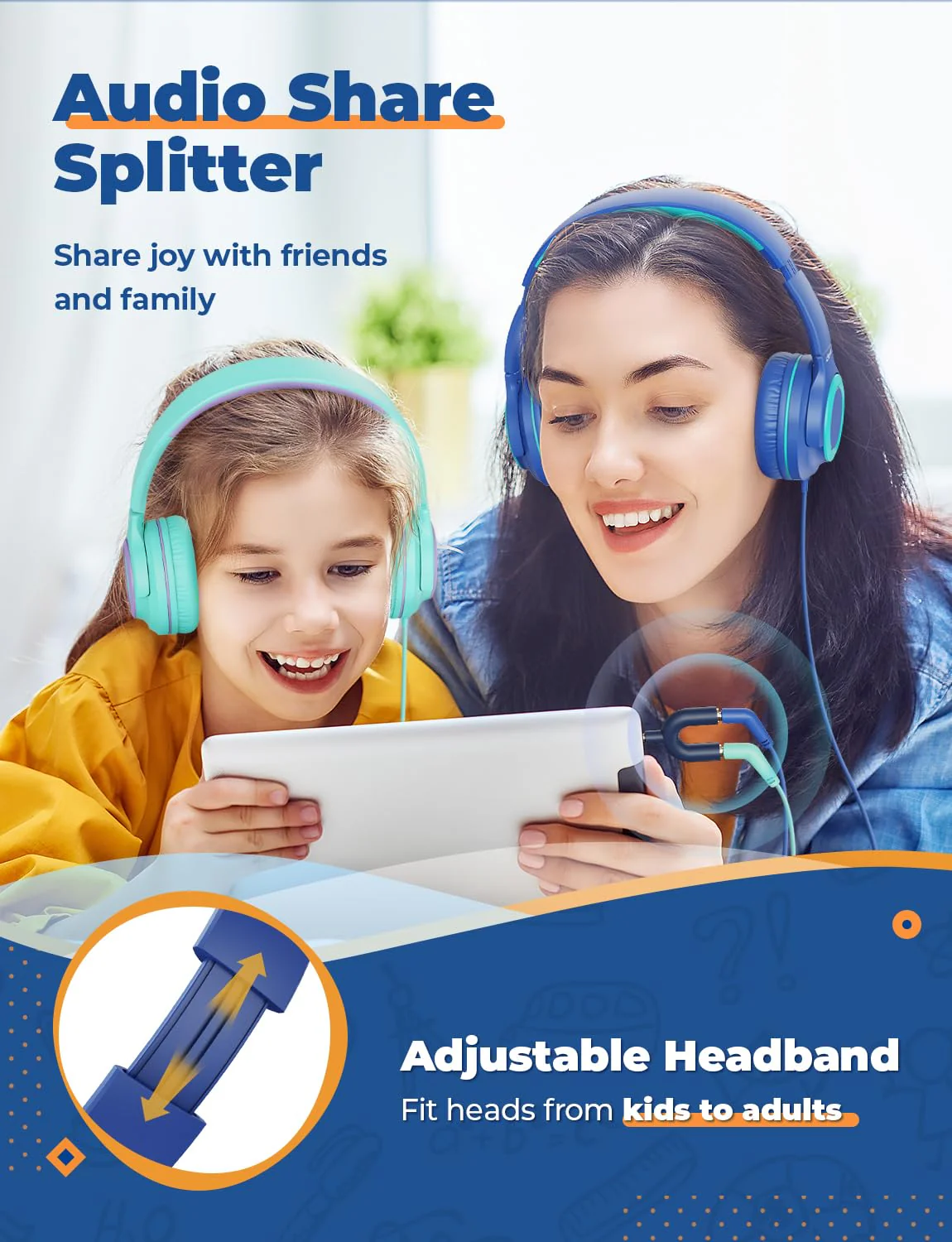 iClever 2Pack Kids Headphones with Sharing Splitter - 85dBA Safe Volume Limited - HS22 Wired Headphones for Kids Teens, Tangle-Free 3.5mm Jack Foldable Stereo Headphones for School/Tablet/Travel Green & Blue - Image 2