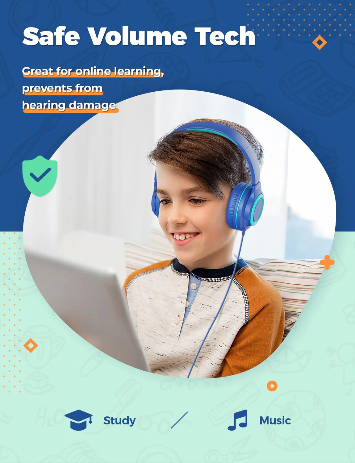 iClever 2Pack Kids Headphones with Sharing Splitter - 85dBA Safe Volume Limited - HS22 Wired Headphones for Kids Teens, Tangle-Free 3.5mm Jack Foldable Stereo Headphones for School/Tablet/Travel Green & Blue - Image 3