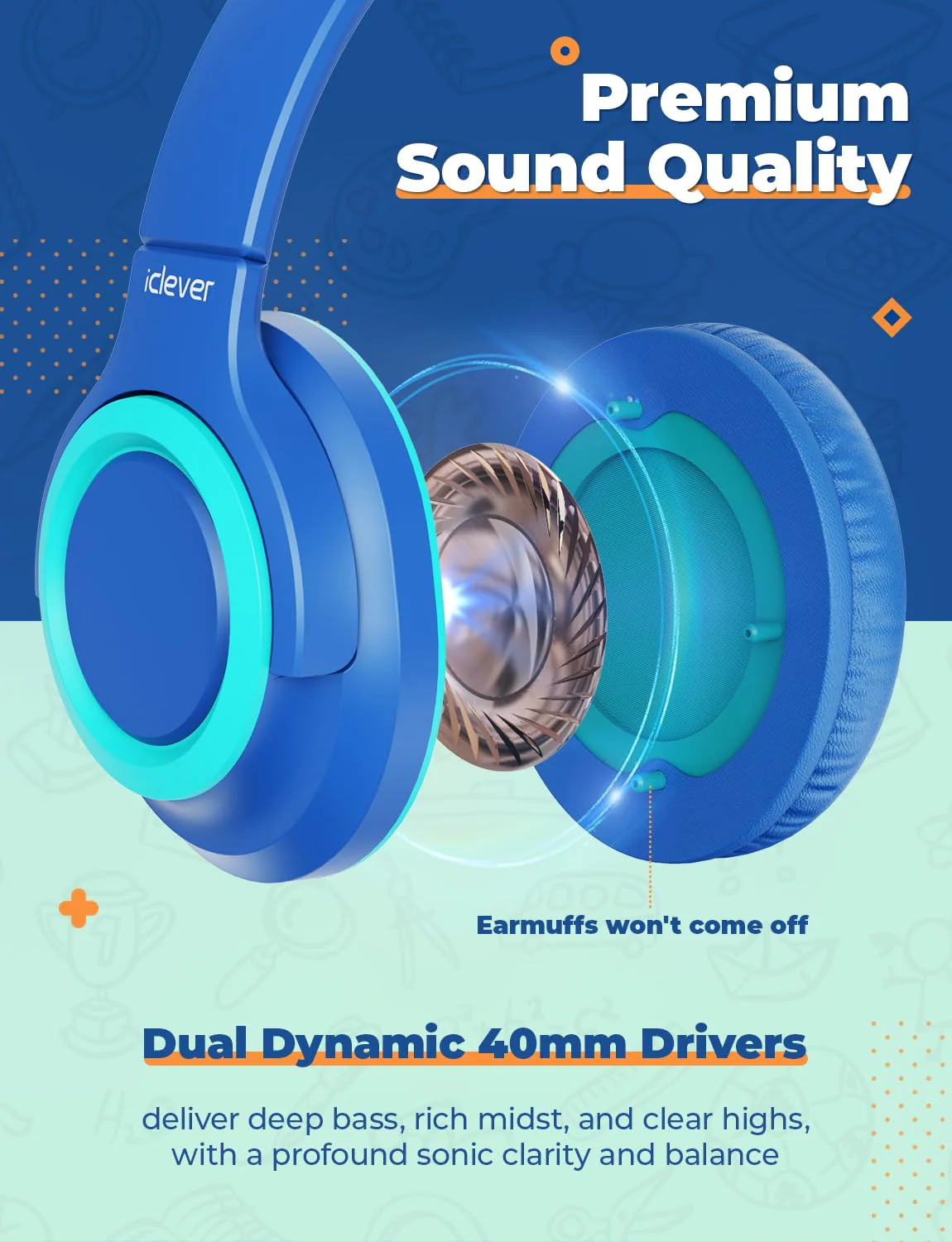 iClever 2Pack Kids Headphones with Sharing Splitter - 85dBA Safe Volume Limited - HS22 Wired Headphones for Kids Teens, Tangle-Free 3.5mm Jack Foldable Stereo Headphones for School/Tablet/Travel Green & Blue - Image 4