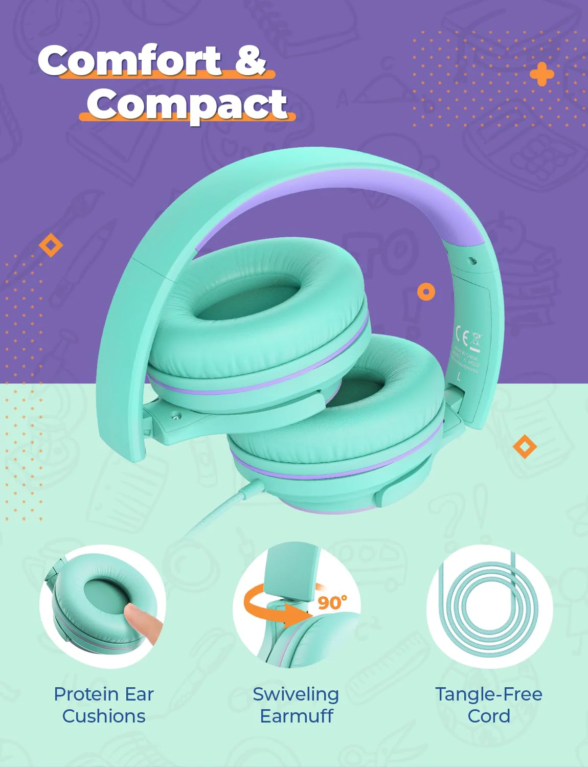 iClever 2Pack Kids Headphones with Sharing Splitter - 85dBA Safe Volume Limited - HS22 Wired Headphones for Kids Teens, Tangle-Free 3.5mm Jack Foldable Stereo Headphones for School/Tablet/Travel Green & Blue - Image 5