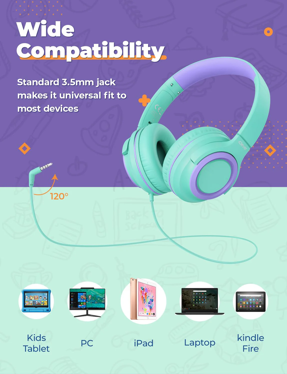 iClever 2Pack Kids Headphones with Sharing Splitter - 85dBA Safe Volume Limited - HS22 Wired Headphones for Kids Teens, Tangle-Free 3.5mm Jack Foldable Stereo Headphones for School/Tablet/Travel Green & Blue - Image 6