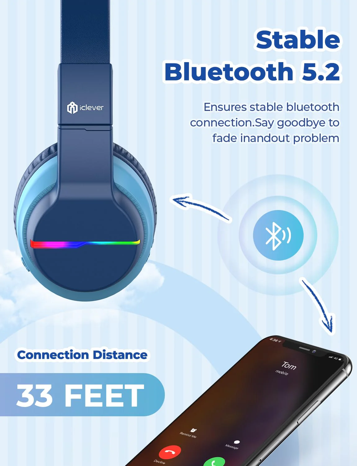 iClever BTH12 Kids Bluetooth Headphones,Colorful LED Lights Wireless Kids Headphones,74/85dBA Safe Volume,85H Playtime,Bluetooth 5.2,Over Ear Headphones Built-in Mic for iPad/Tablet/Airplane,Blue Blue - Image 5