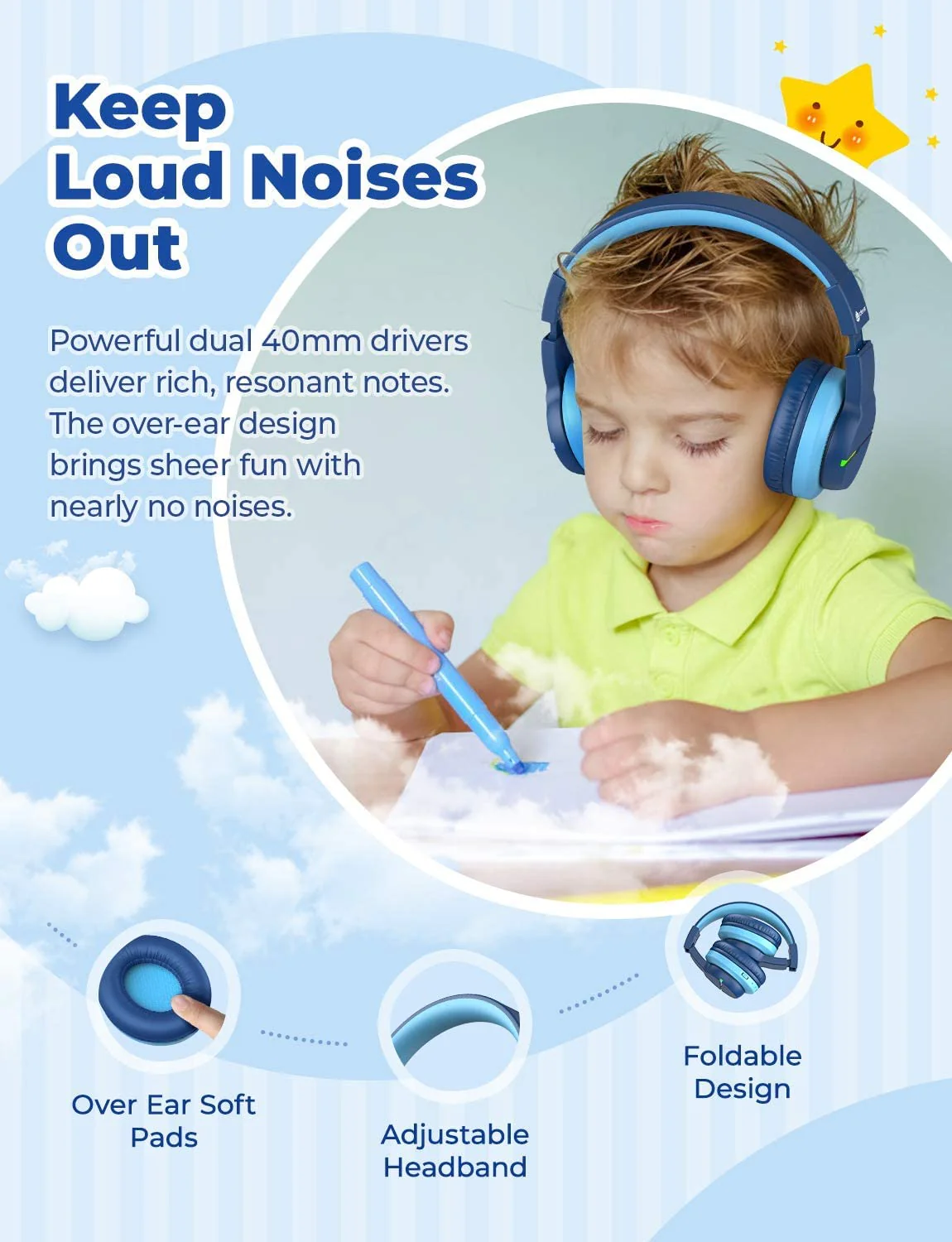 iClever BTH12 Kids Bluetooth Headphones,Colorful LED Lights Wireless Kids Headphones,74/85dBA Safe Volume,85H Playtime,Bluetooth 5.2,Over Ear Headphones Built-in Mic for iPad/Tablet/Airplane,Blue Blue - Image 6
