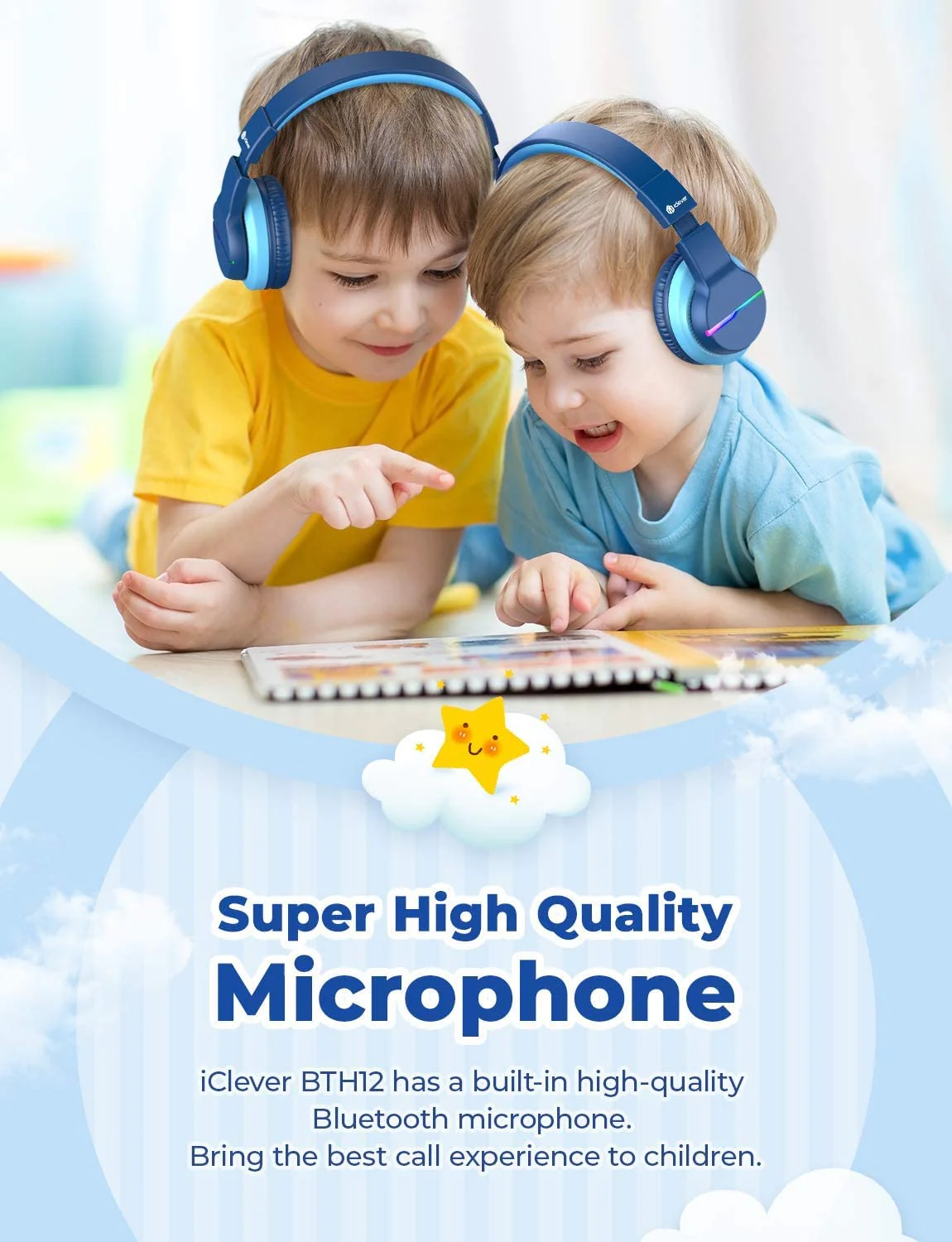 iClever BTH12 Kids Bluetooth Headphones,Colorful LED Lights Wireless Kids Headphones,74/85dBA Safe Volume,85H Playtime,Bluetooth 5.2,Over Ear Headphones Built-in Mic for iPad/Tablet/Airplane,Blue Blue - Image 7