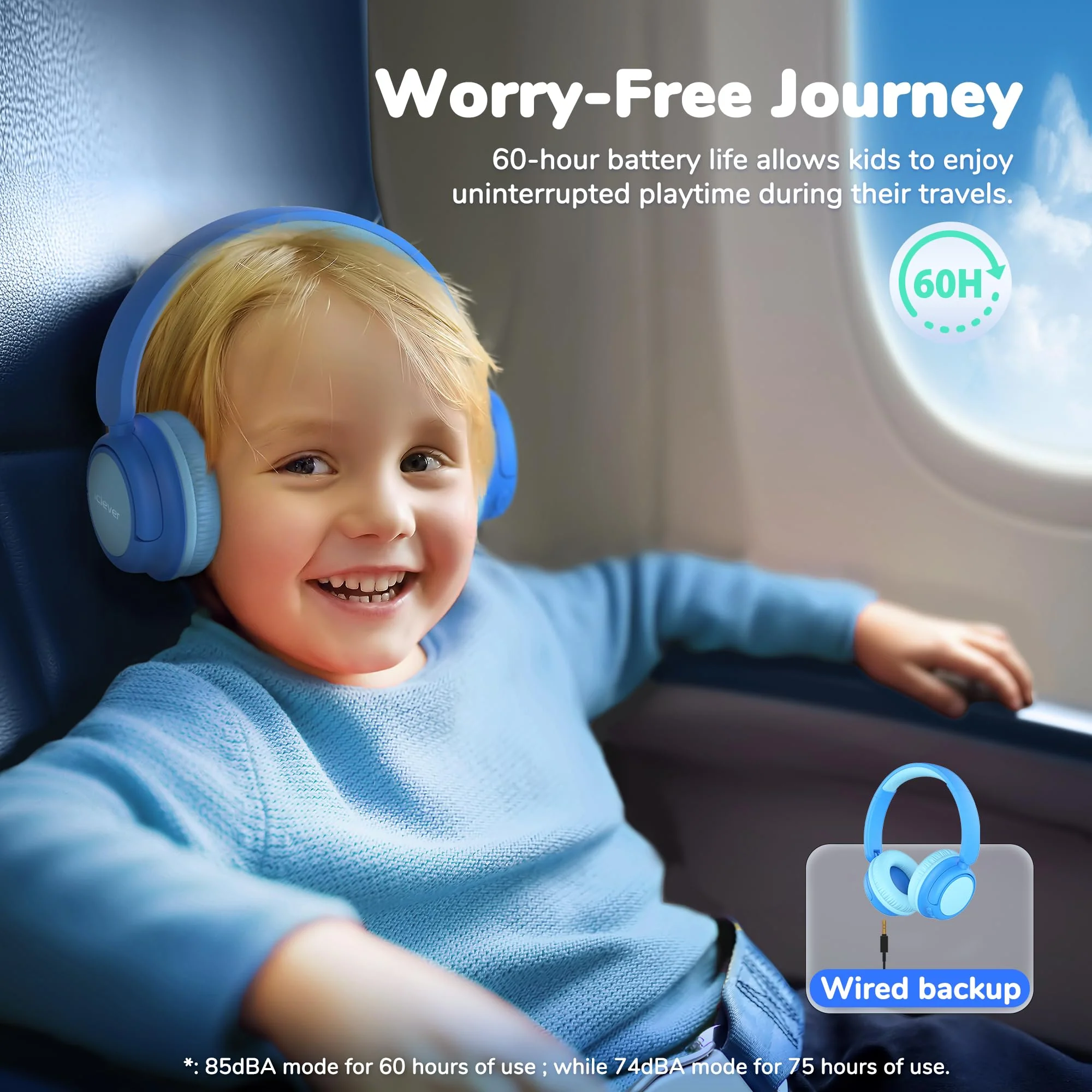 iClever BTH22 Kids Bluetooth Headphones, 60H Play Time, 74/85 dBA Safe Volume, Bluetooth 5.4, USB C, Over Ear Kids Headphones Wireless with Mic AUX Cord for iPad/Tablet/Travel/School, Blue - Image 4
