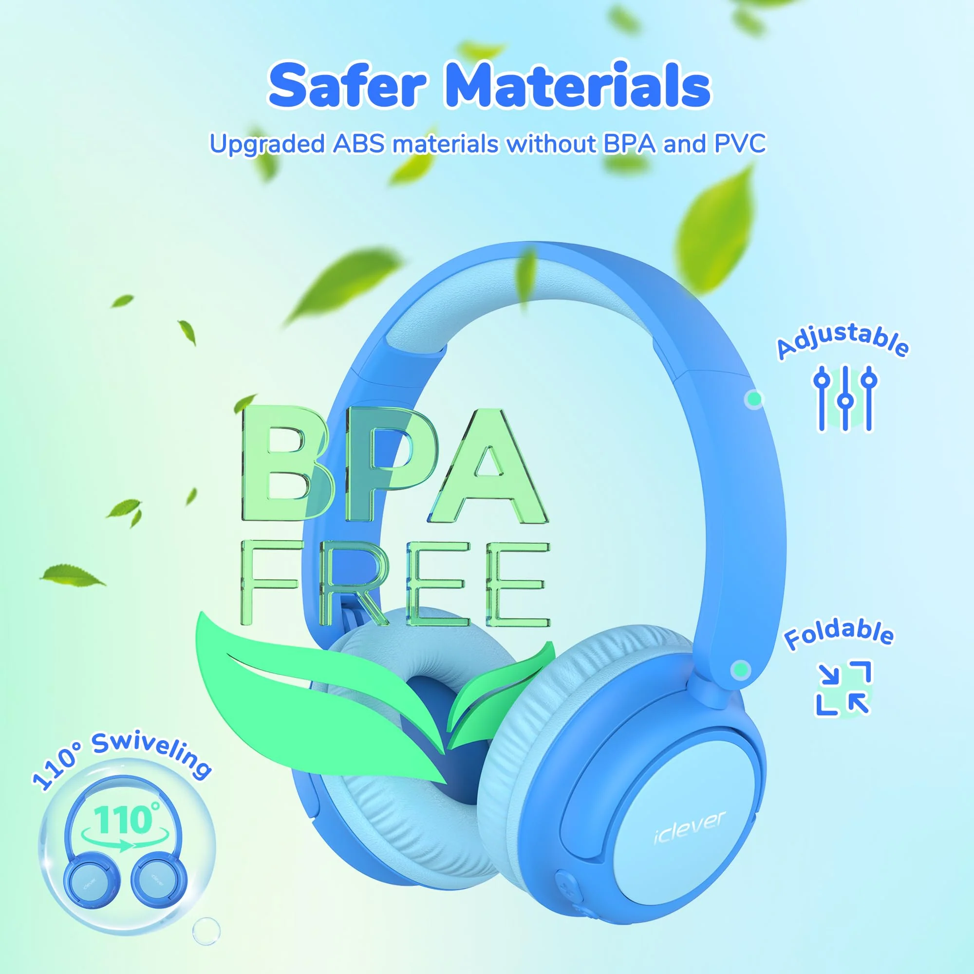 iClever BTH22 Kids Bluetooth Headphones, 60H Play Time, 74/85 dBA Safe Volume, Bluetooth 5.4, USB C, Over Ear Kids Headphones Wireless with Mic AUX Cord for iPad/Tablet/Travel/School, Blue - Image 6