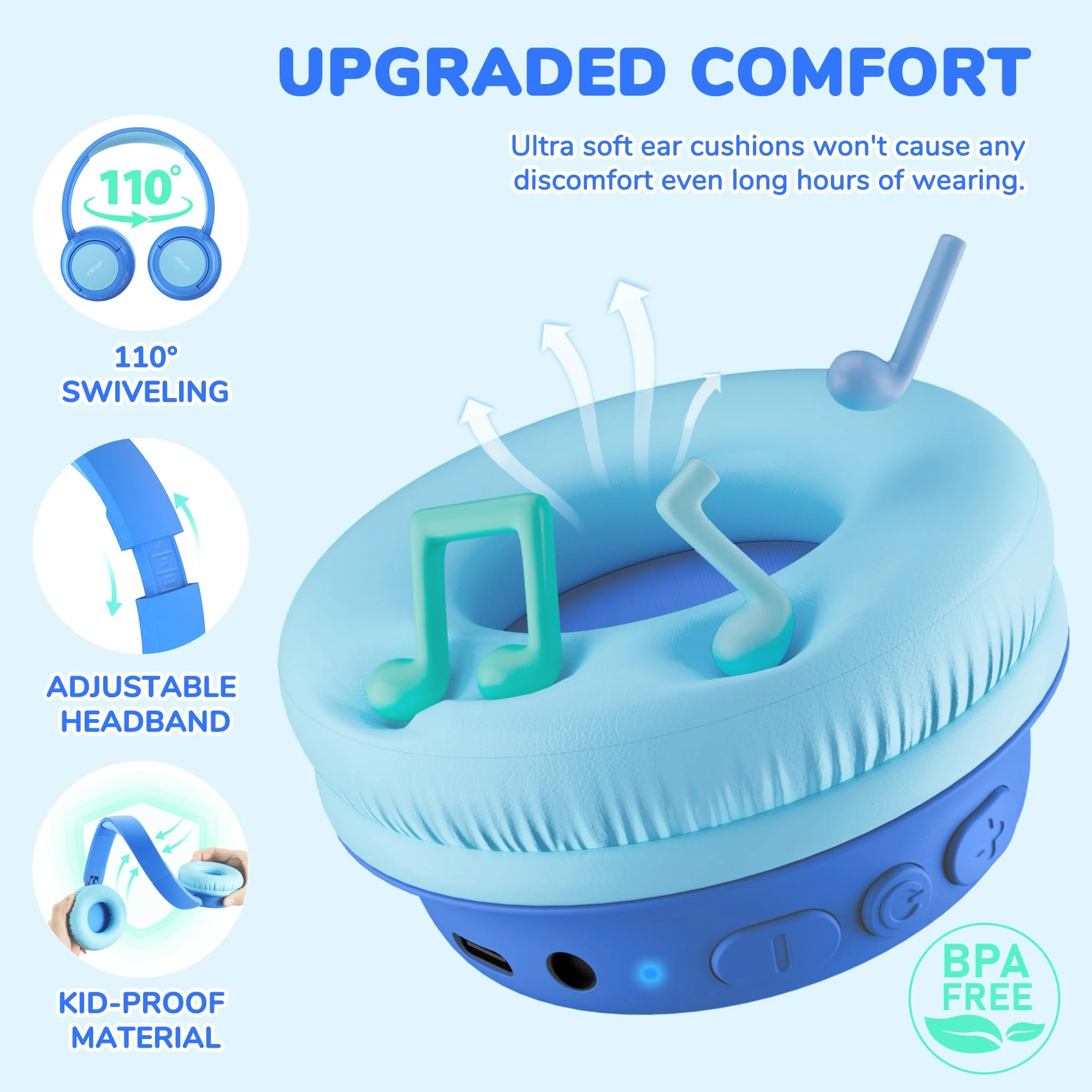 iClever BTH22 Kids Bluetooth Headphones, 60H Play Time, 74/85 dBA Safe Volume, Bluetooth 5.4, USB C, Over Ear Kids Headphones Wireless with Mic AUX Cord for iPad/Tablet/Travel/School, Blue - Image 8