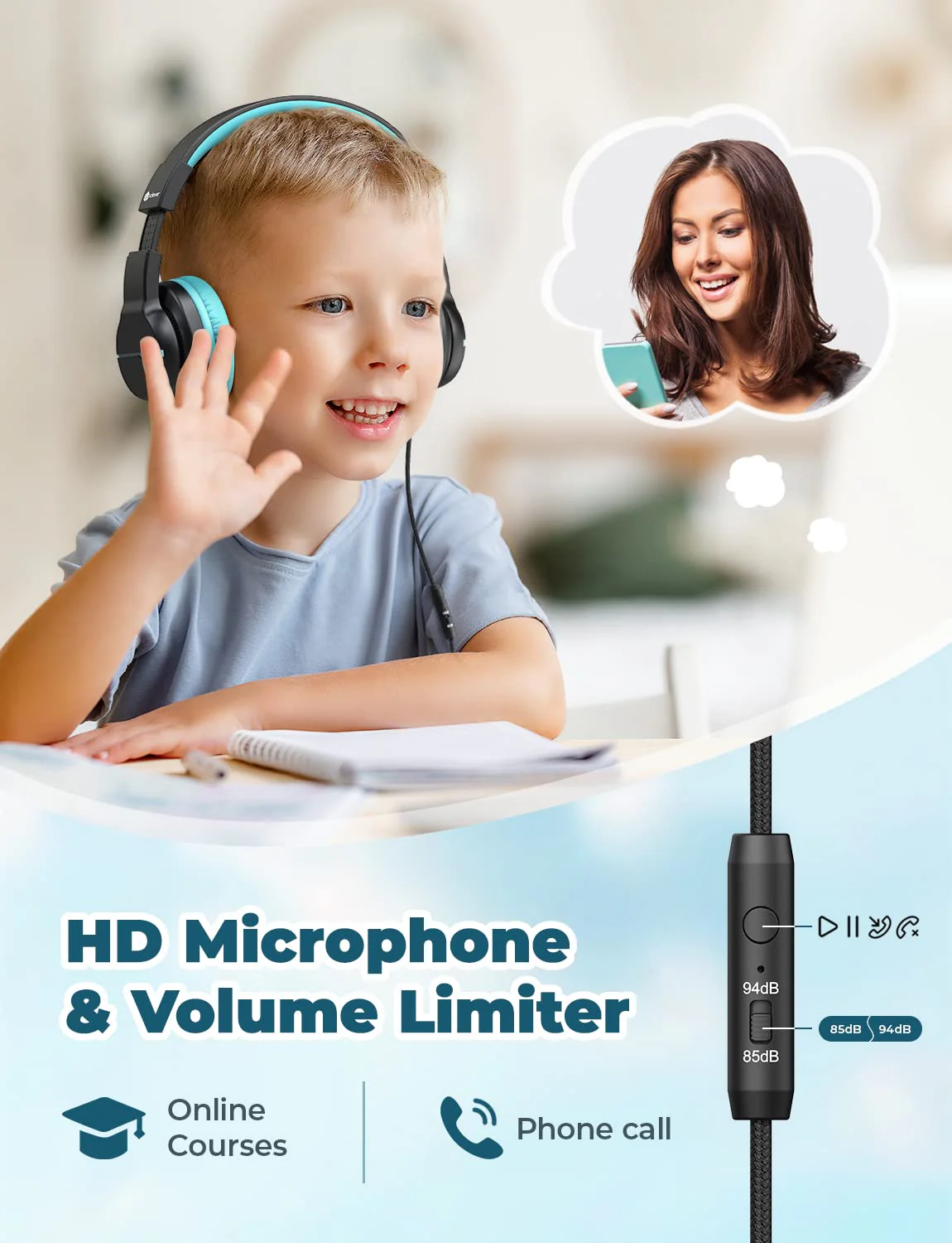 iClever HS19 Kids Headphones with Microphone for School, Volume Limiter 85/94dB, Over-Ear Girls Boys Headphones for Kids with Shareport, Foldable Wired Headphones for iPad/Travel (Black) Black - Image 2